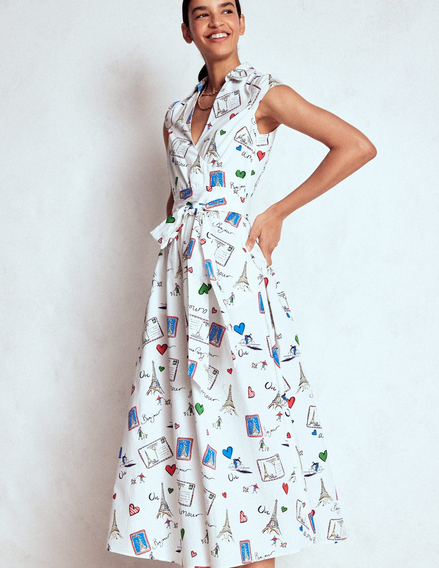 Julia Midi-Wickelkleid aus Baumwolle-Naturweiß, Postkarte aus Paris