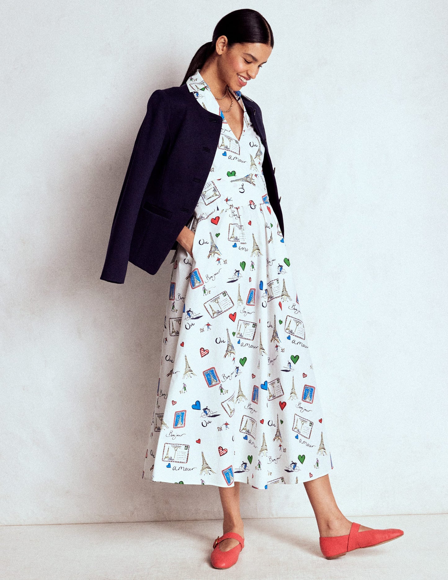 Julia Midi-Wickelkleid aus Baumwolle-Naturweiß, Postkarte aus Paris