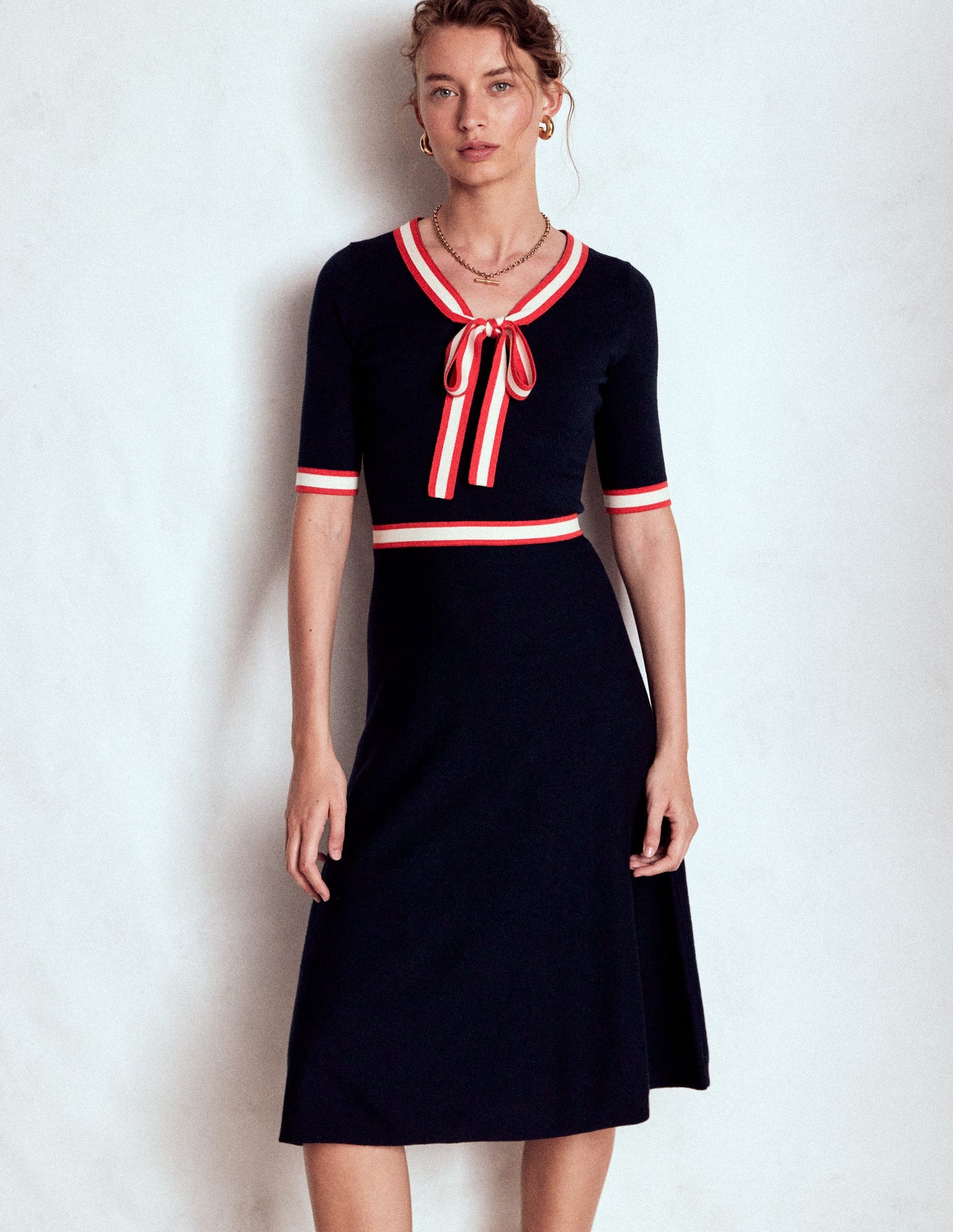 Kleid mit Schleife und Streifen-Marineblau