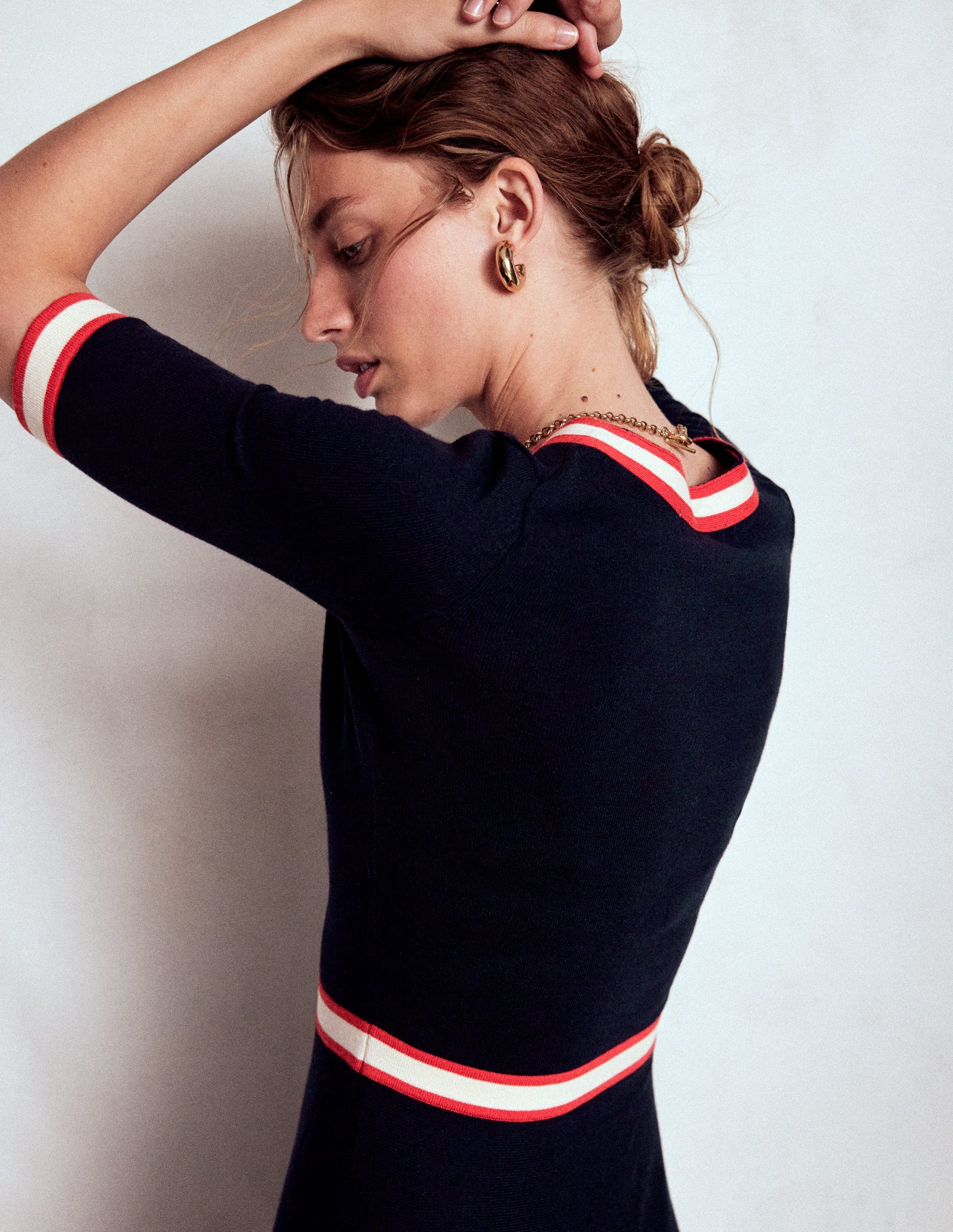 Kleid mit Schleife und Streifen-Marineblau-5