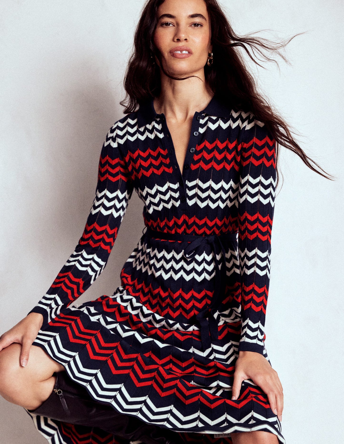 Robe midi à chevrons-Chevrons bleu marine, rouge et ivoire