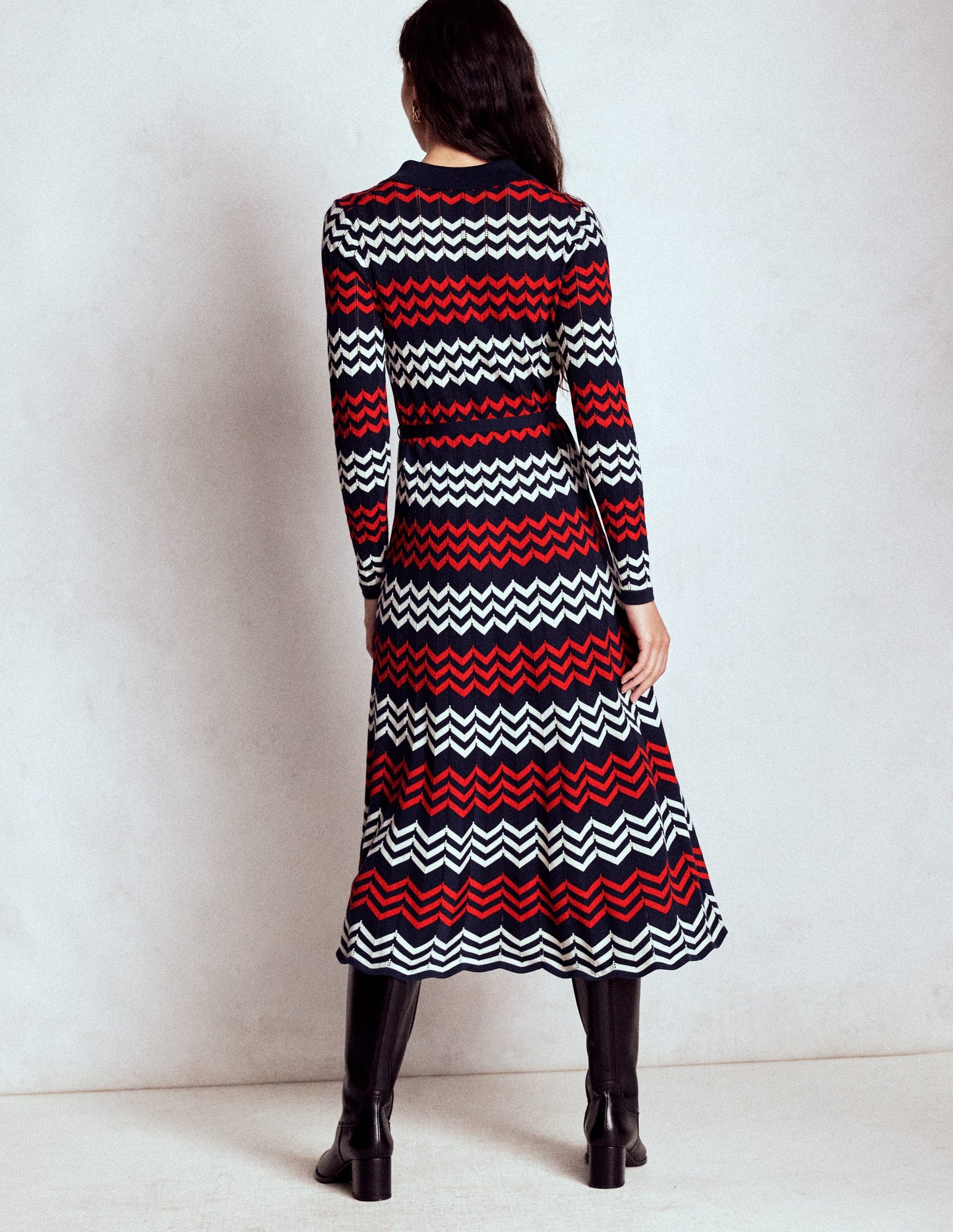 Robe midi à chevrons-Chevrons bleu marine, rouge et ivoire