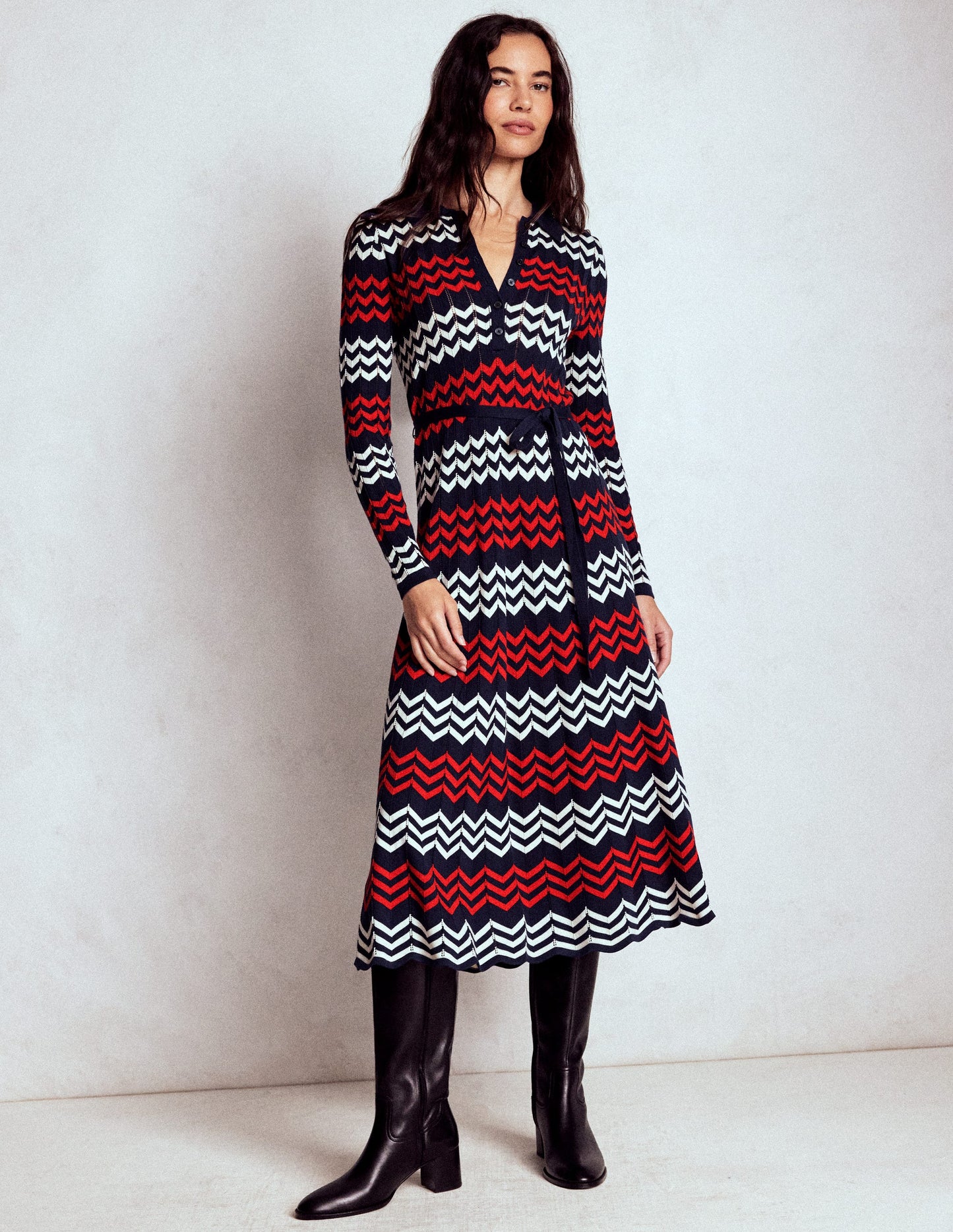 Robe midi à chevrons-Chevrons bleu marine, rouge et ivoire