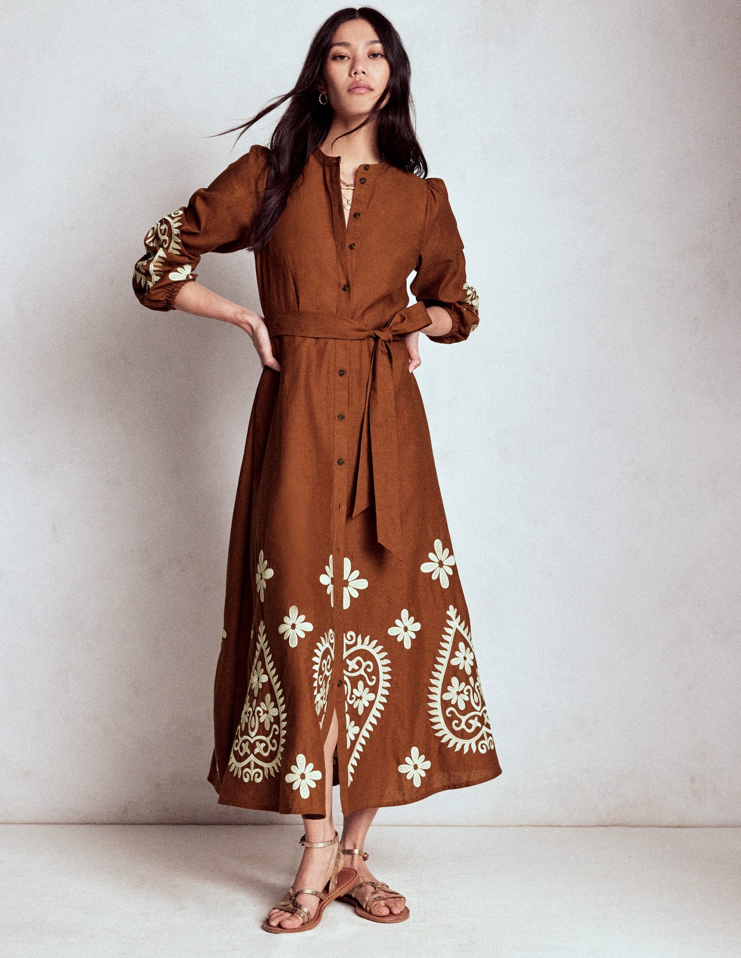 Mae Hemdblusenkleid aus Leinenmischgewebe-Rotbraun