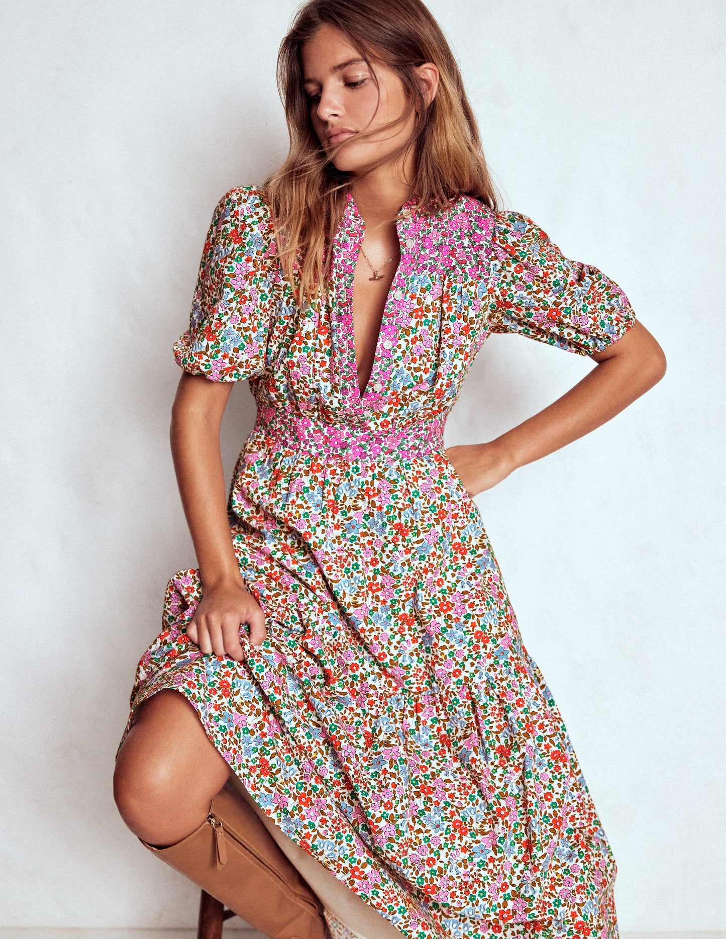 Robe longue Beatrice en coton-Multi, lit de fleurs effet grappe