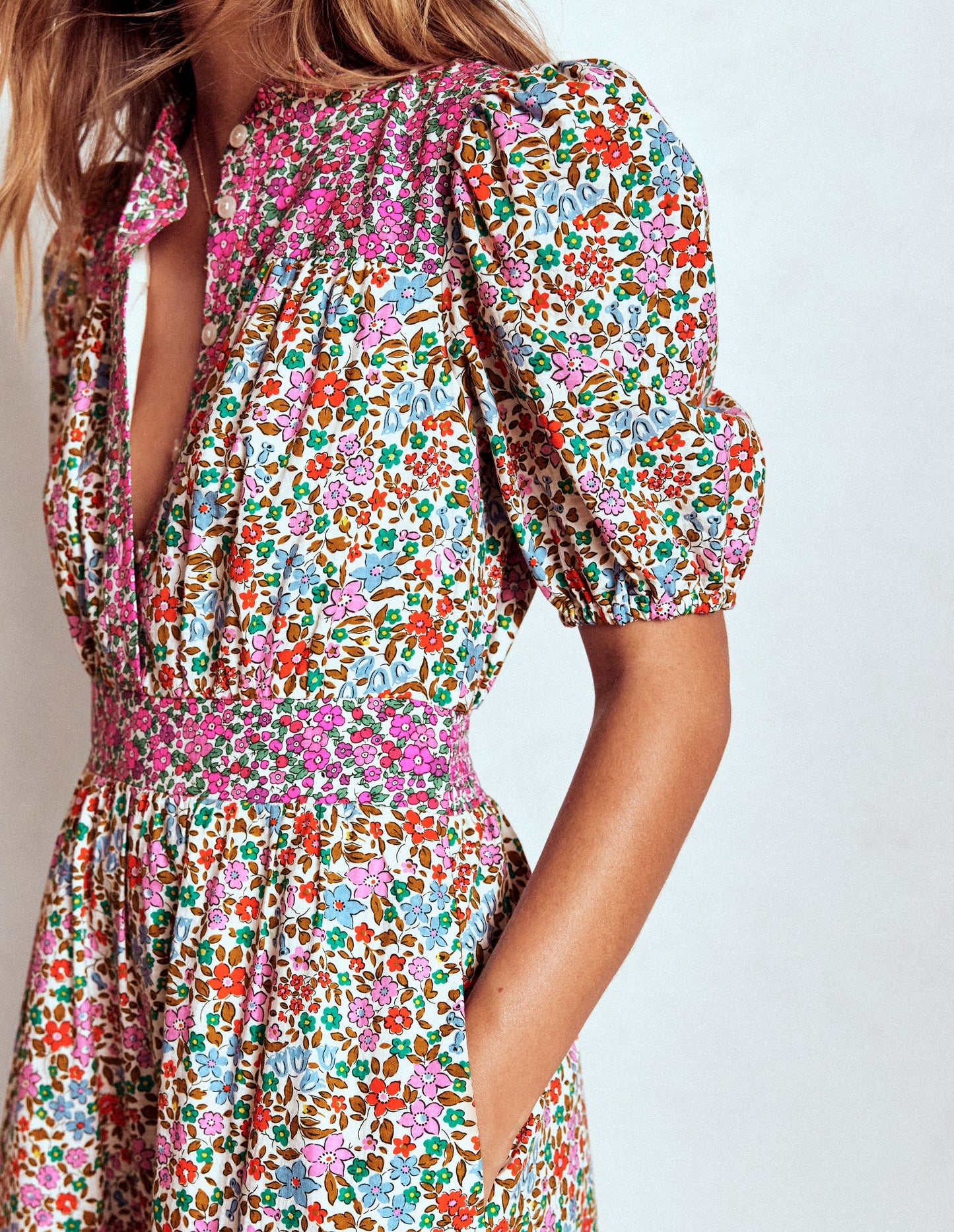 Robe longue Beatrice en coton-Multi, lit de fleurs effet grappe