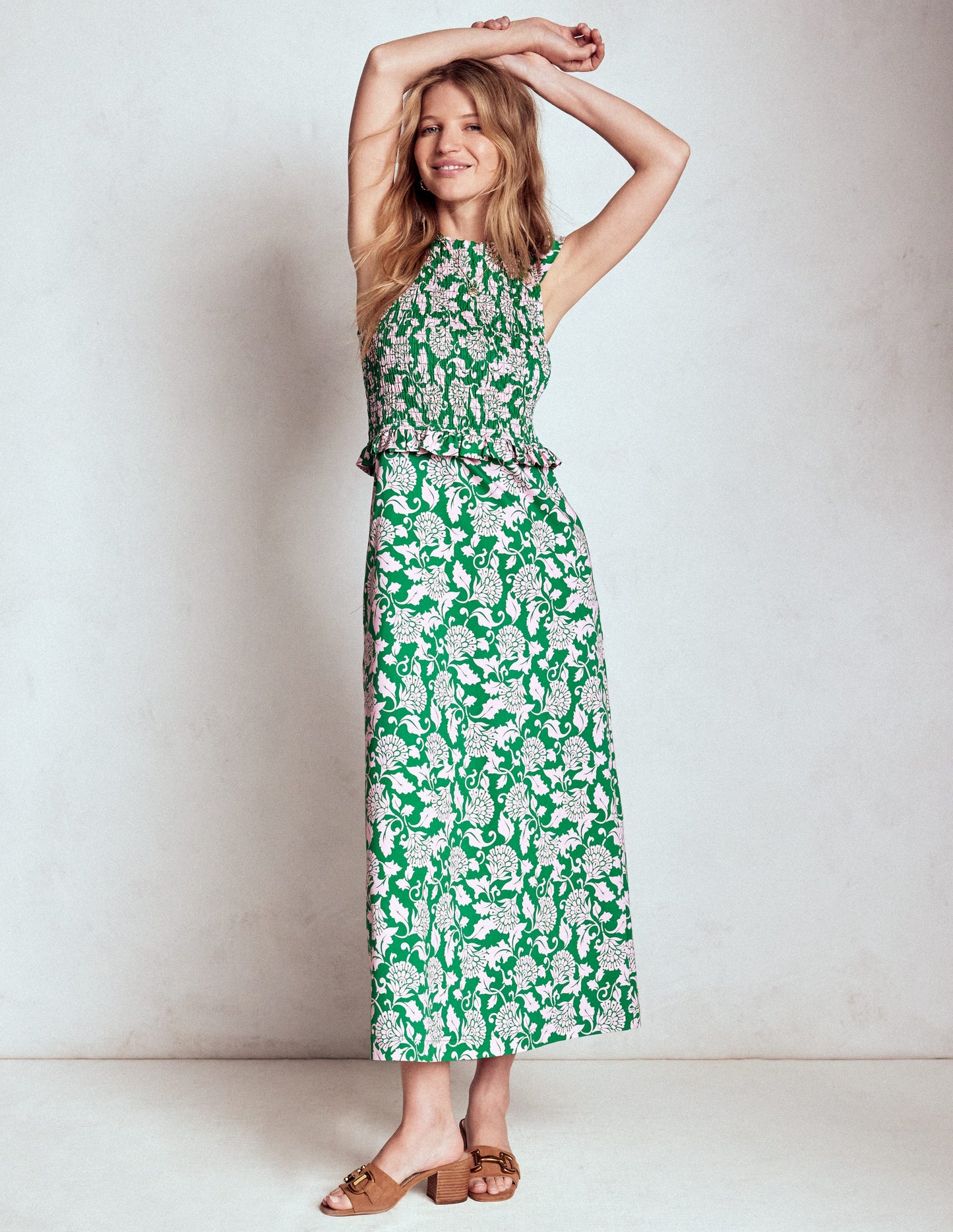 Carolina Gesmoktes Midikleid-Sattes Smaragdgrün, Rebenornament