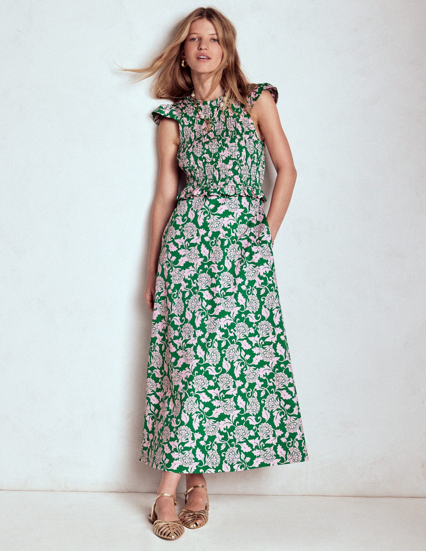 Carolina Gesmoktes Midikleid-Sattes Smaragdgrün, Rebenornament