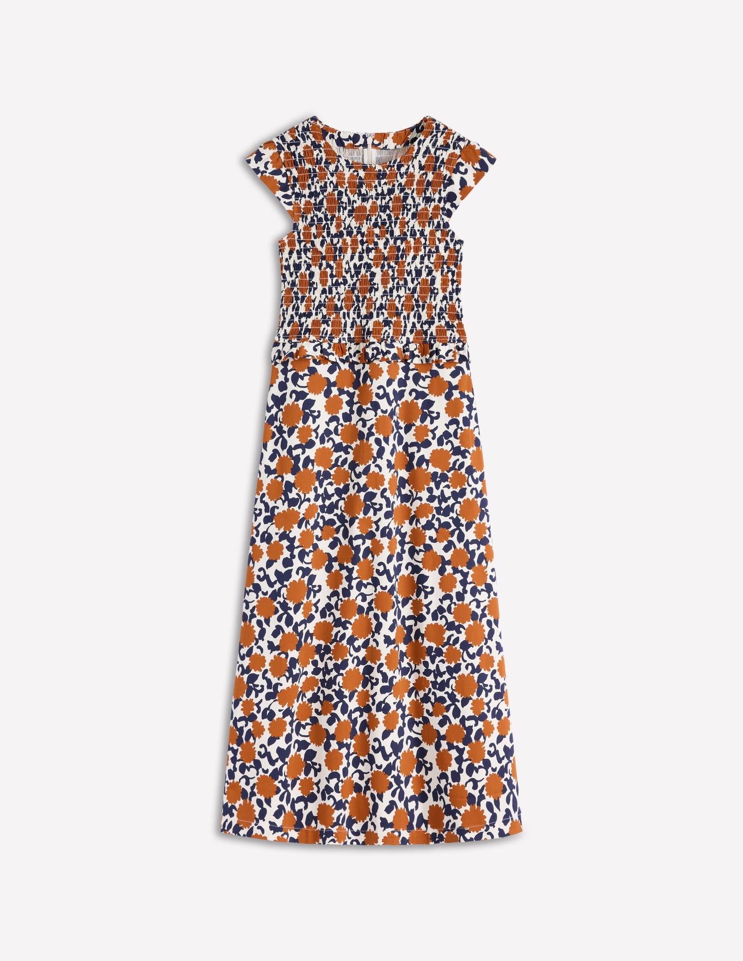 Carolina Gesmoktes Midikleid-Cognac, Blütenrebe