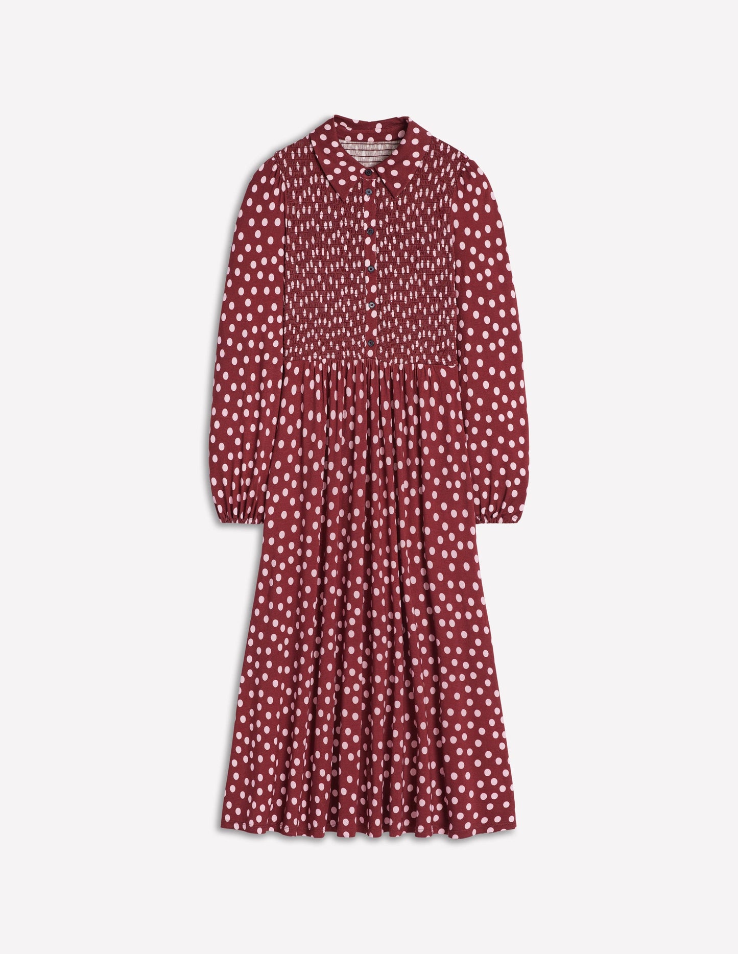 Gesmoktes Jersey-Hemdblusenkleid-Kastanie, Gemalte Tupfen