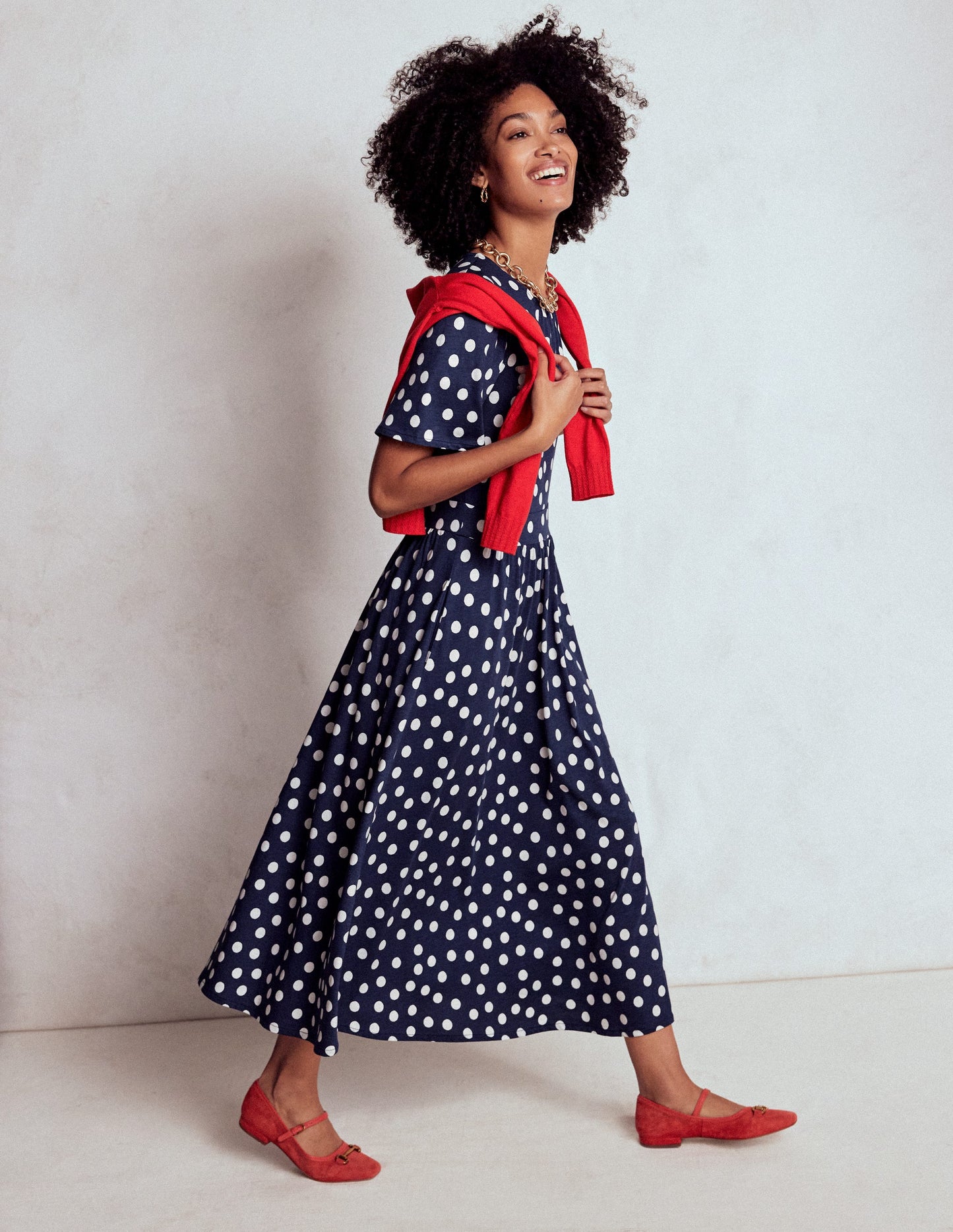 Louisa Jersey-Midikleid-Französisches Marineblau, Gemalte Tupfen