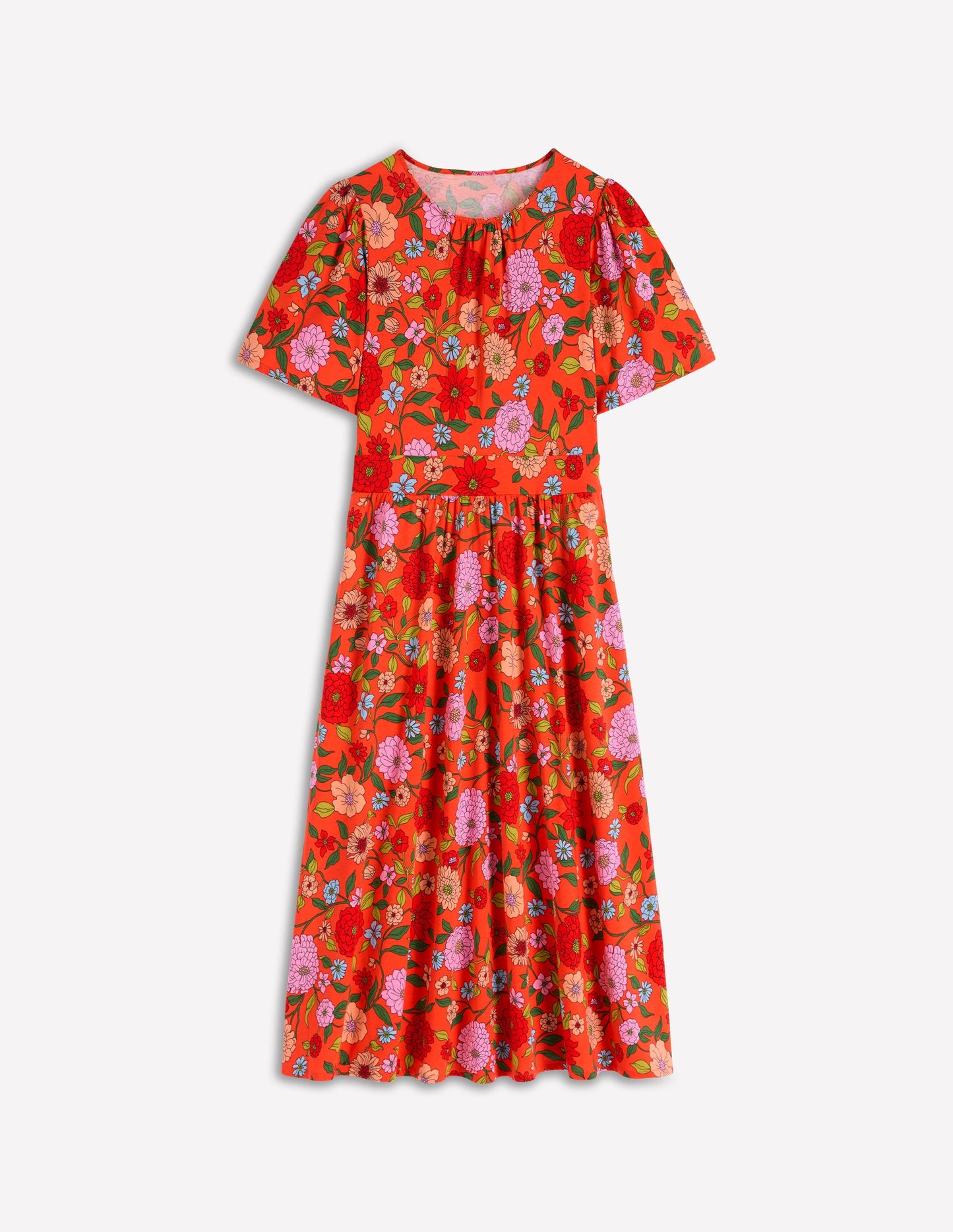 Robe midi Louisa en jersey-Rouge pétard, motif Dahlia Trail