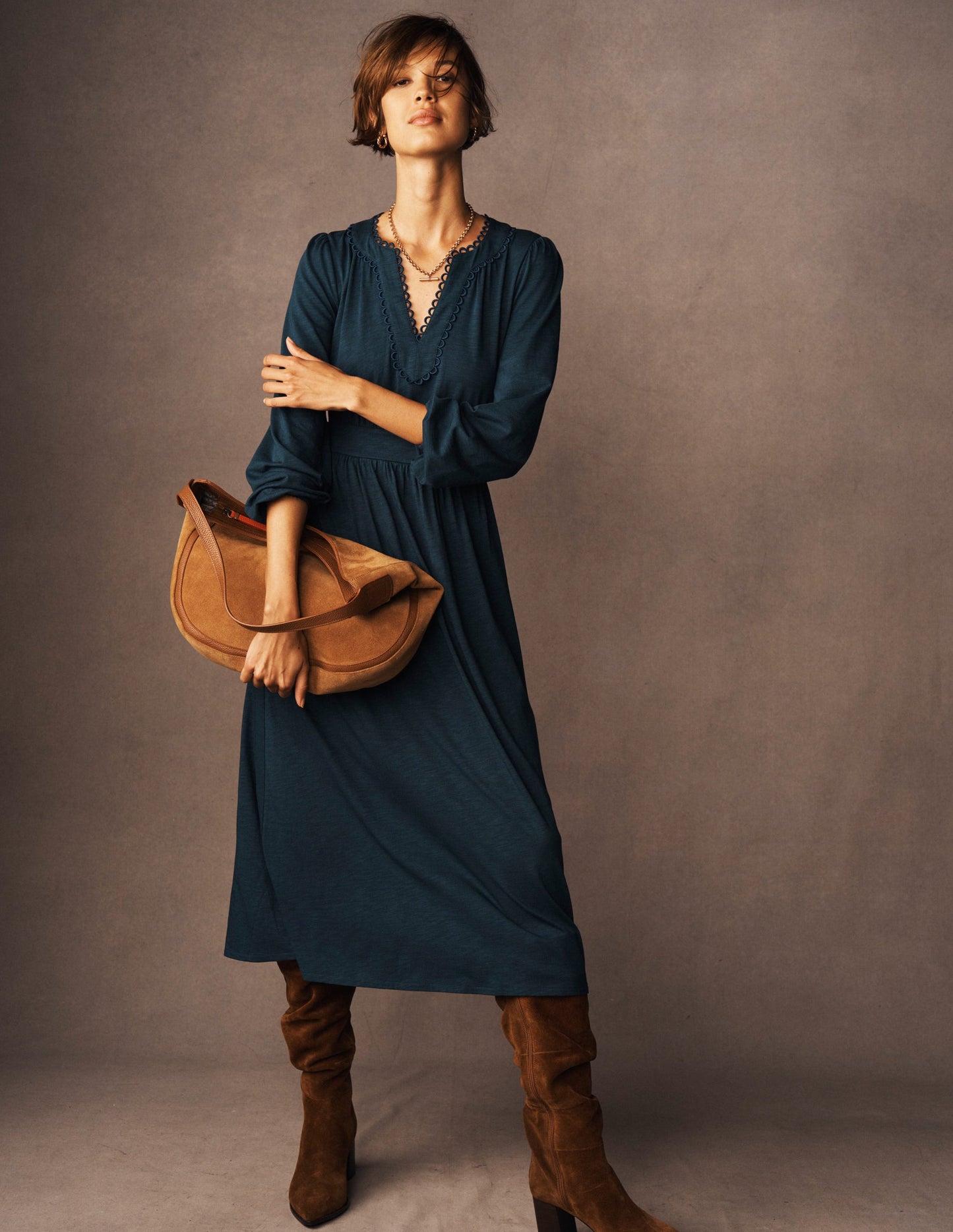 Maddie Midikleid mit Picot-Besatz-Mitternachtsblaugrün