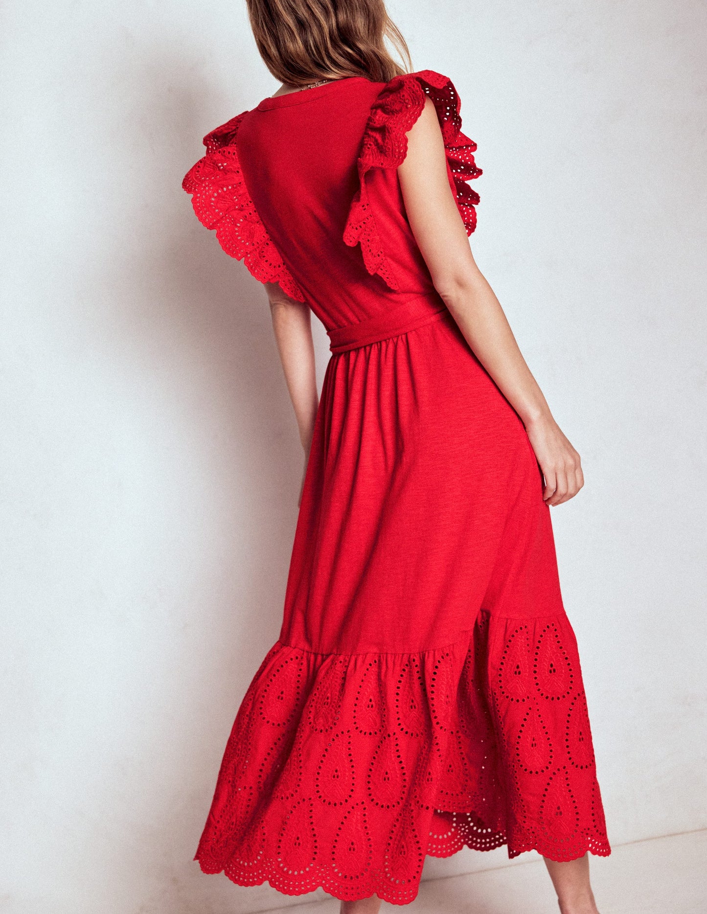 Gestuftes Midikleid mit Rüschendetail-Mohnblumenrot