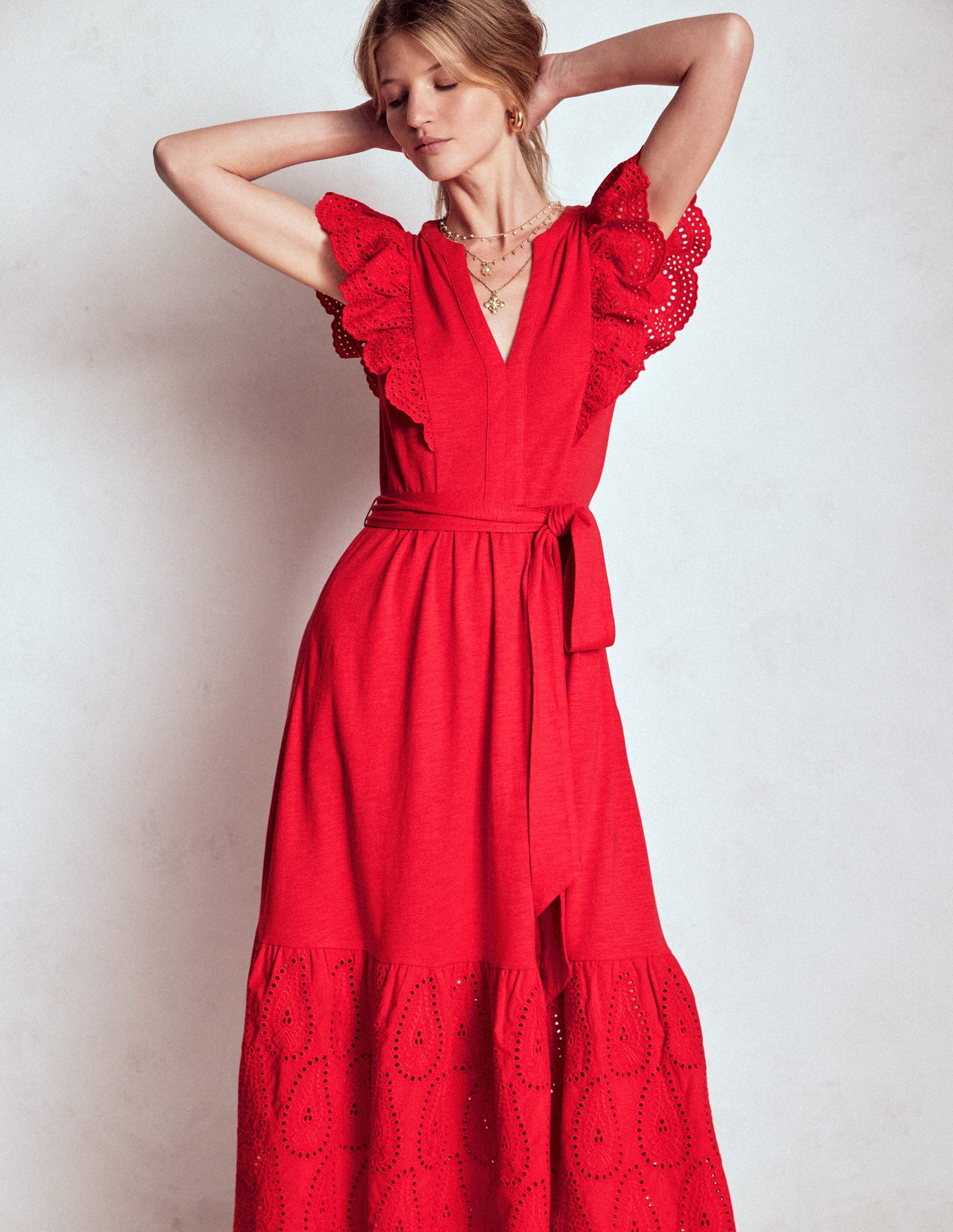 Gestuftes Midikleid mit Rüschendetail-Mohnblumenrot