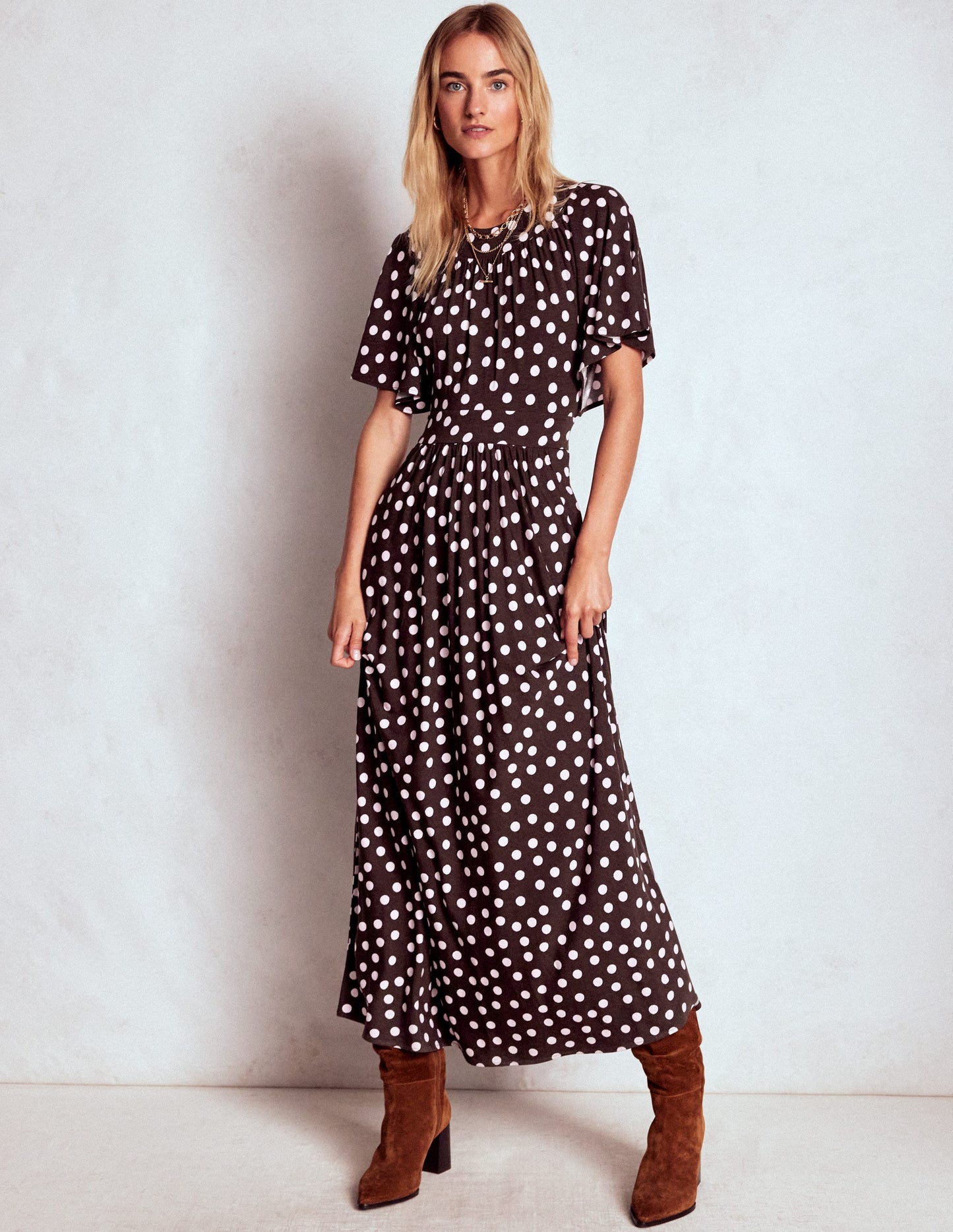 Maxikleid mit Passe-Braune Punkte