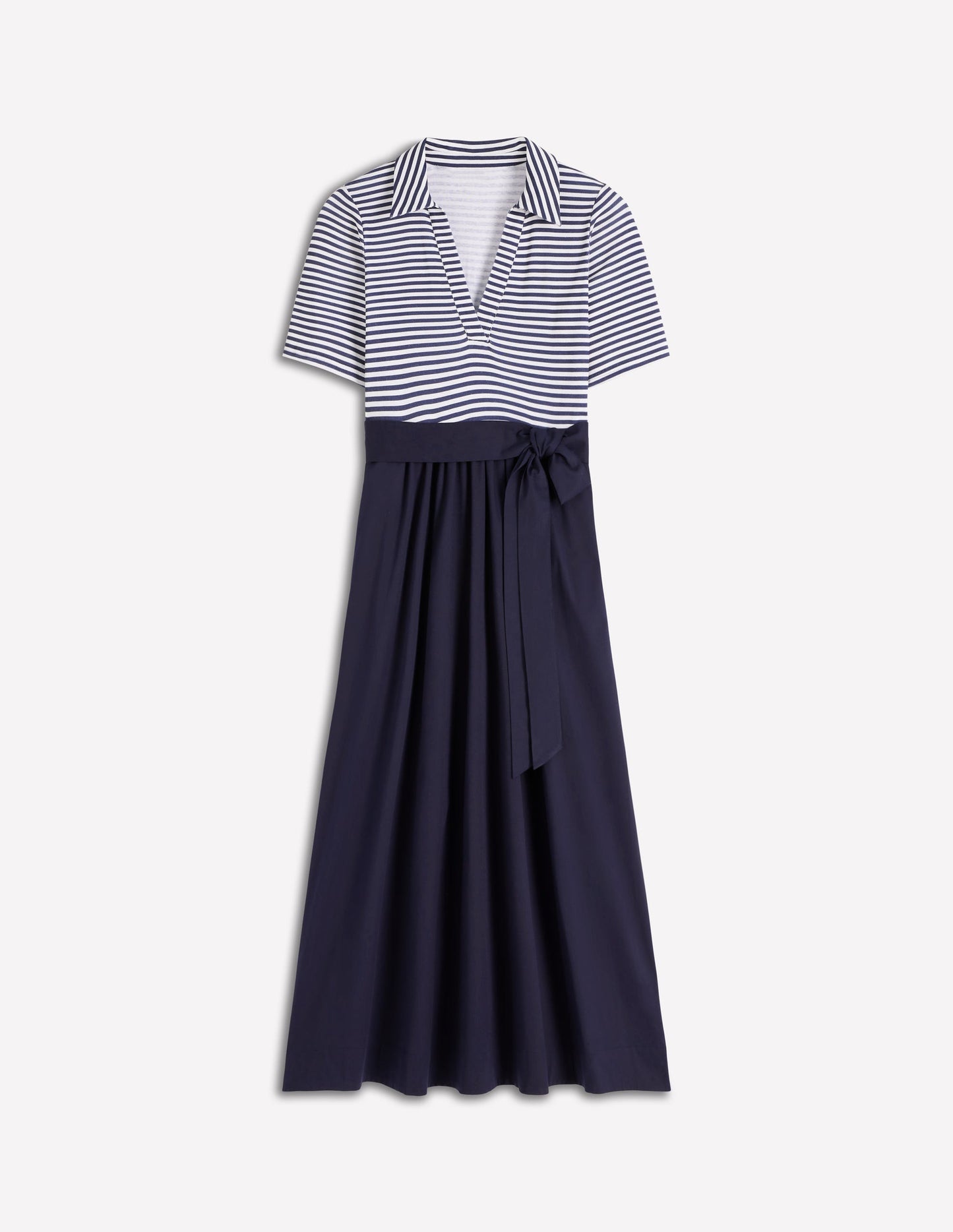 Midikleid aus Rippstick-Mix mit Kragen-Marineblau, Naturweiß Gestreift