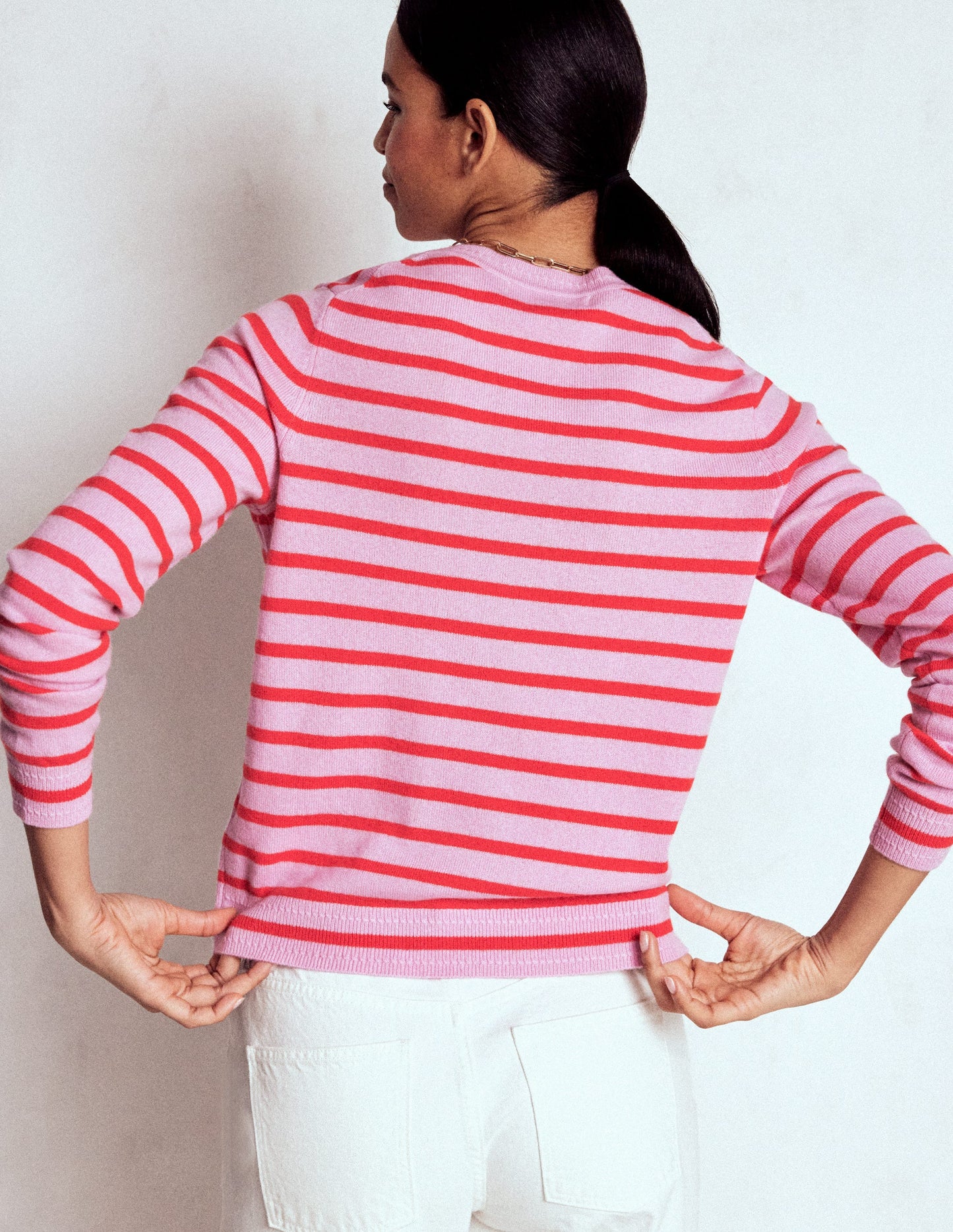 Eva Kaschmirpullover mit Rundhalsausschnitt-Rosa/Orange Streifen