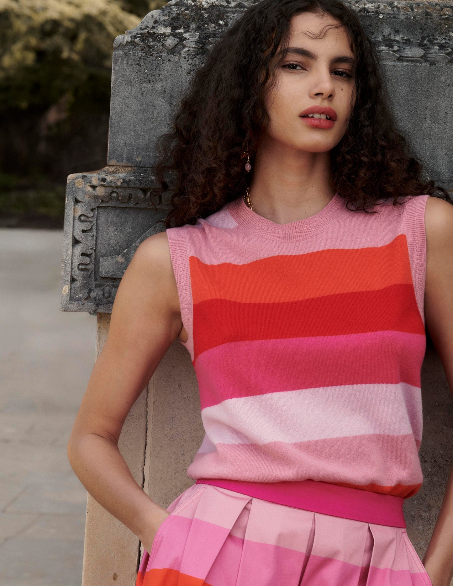 Eva Kaschmir-Pullunder-Rosa/Orange Streifen