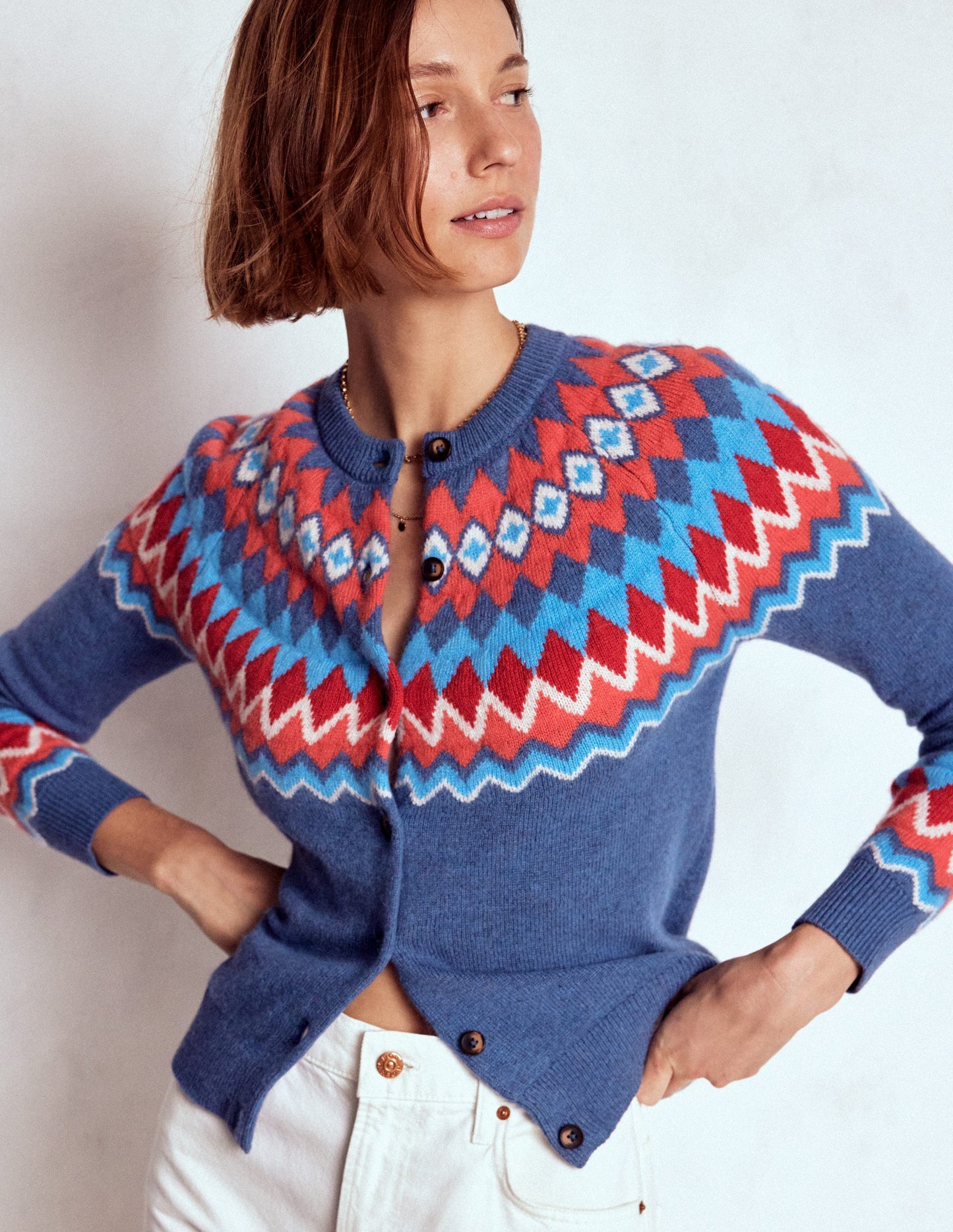 Edie Fair-Isle-Strickjacke-Blau Fair Isle