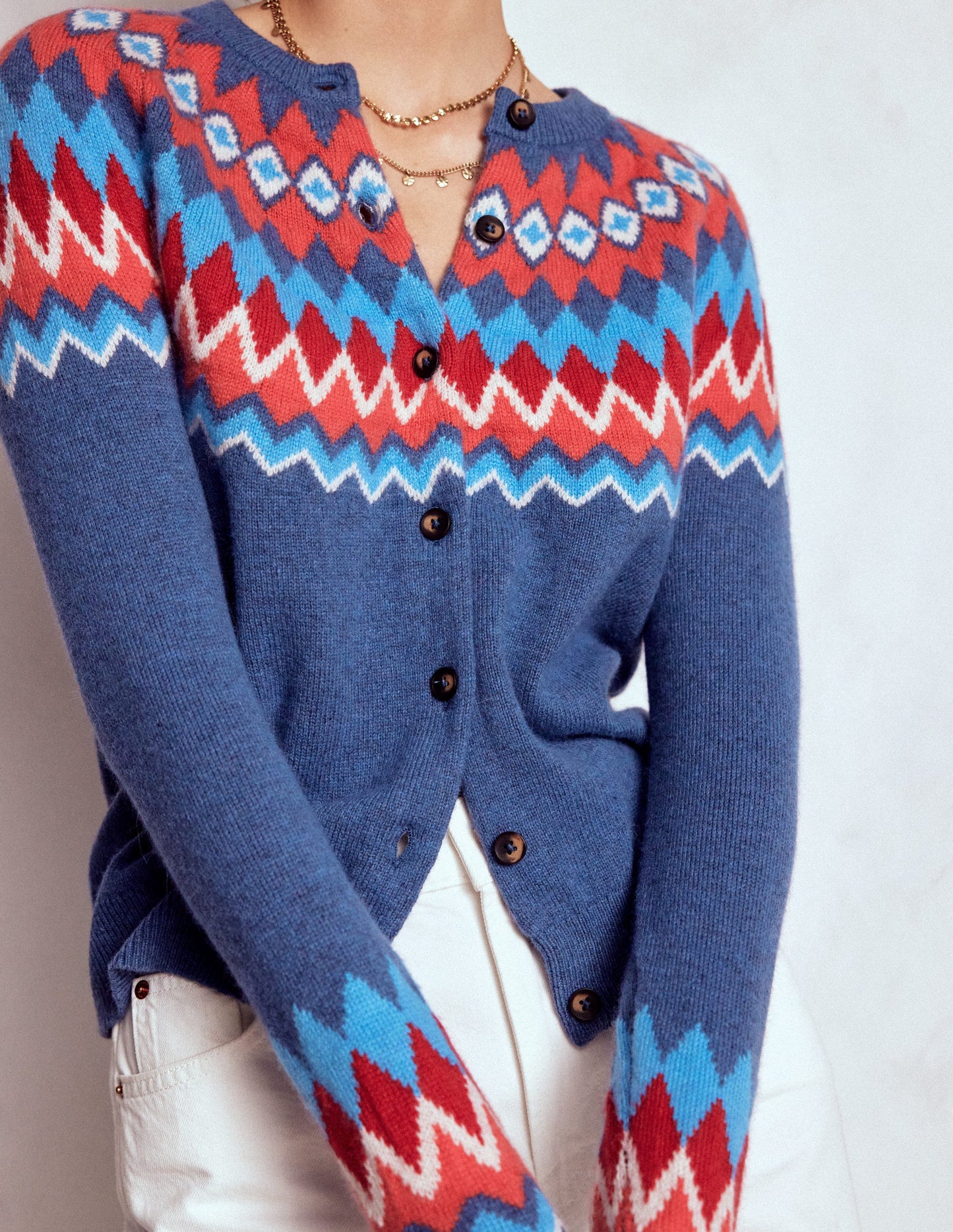 Edie Fair-Isle-Strickjacke-Blau Fair Isle