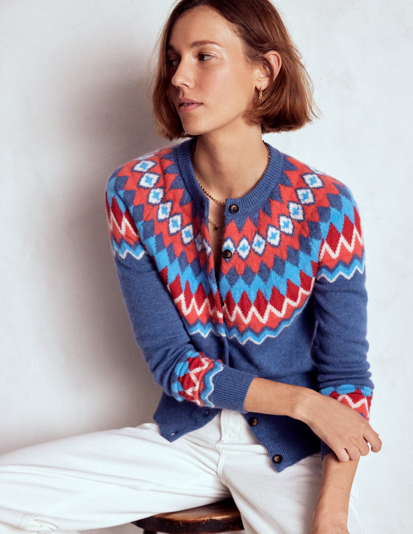 Edie Fair-Isle-Strickjacke-Blau Fair Isle