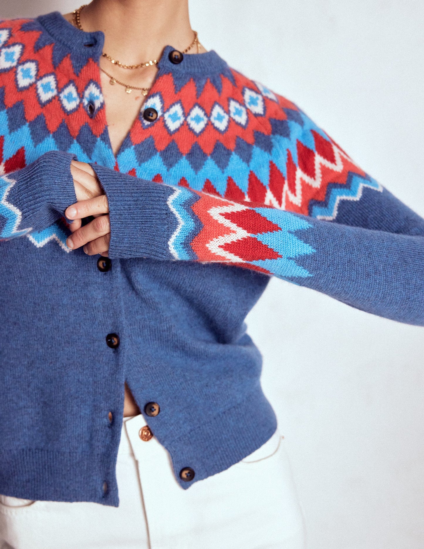Edie Fair-Isle-Strickjacke-Blau Fair Isle
