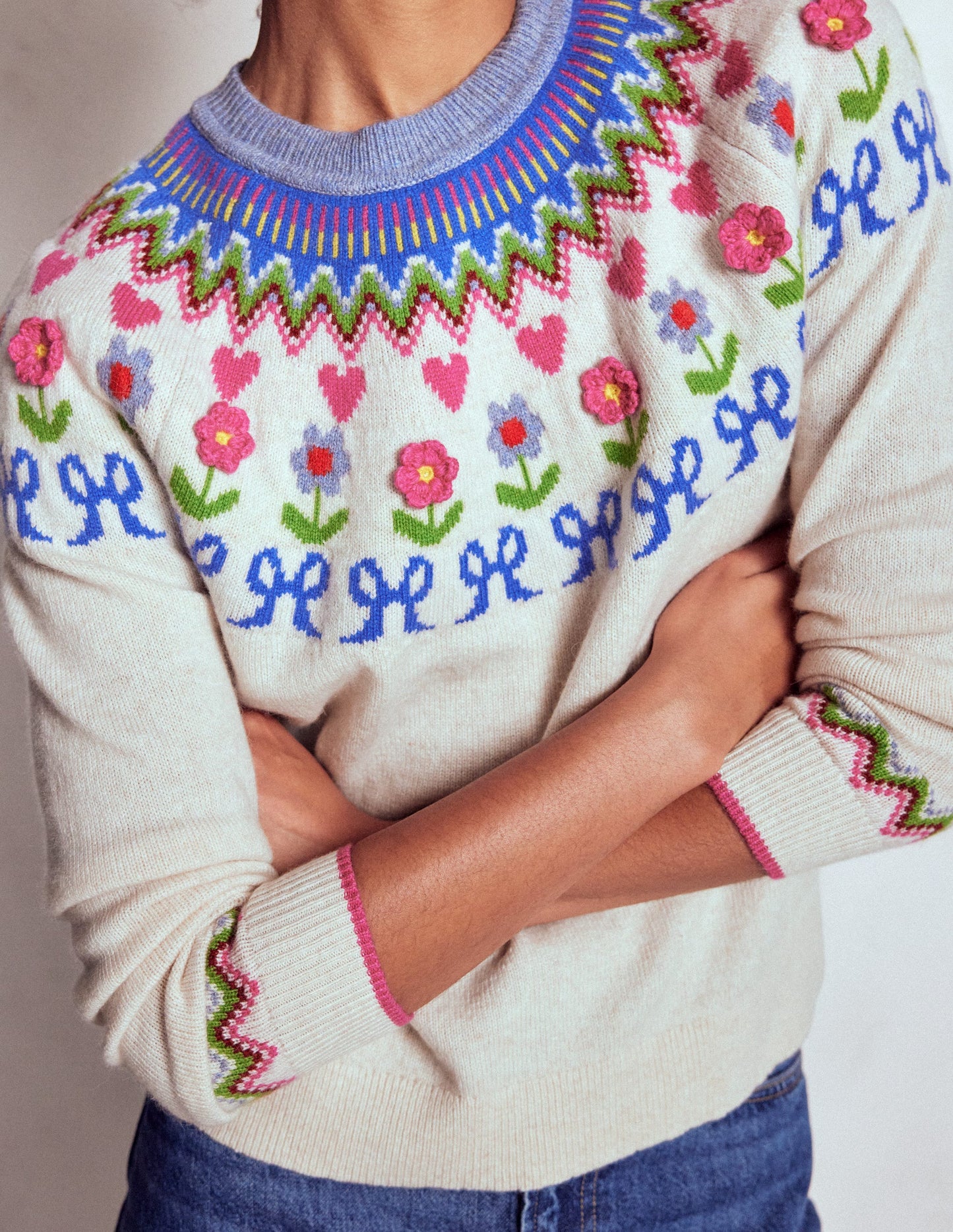 Edie Fair-Isle-Pullover-Haferbeige Meliert, Blumen