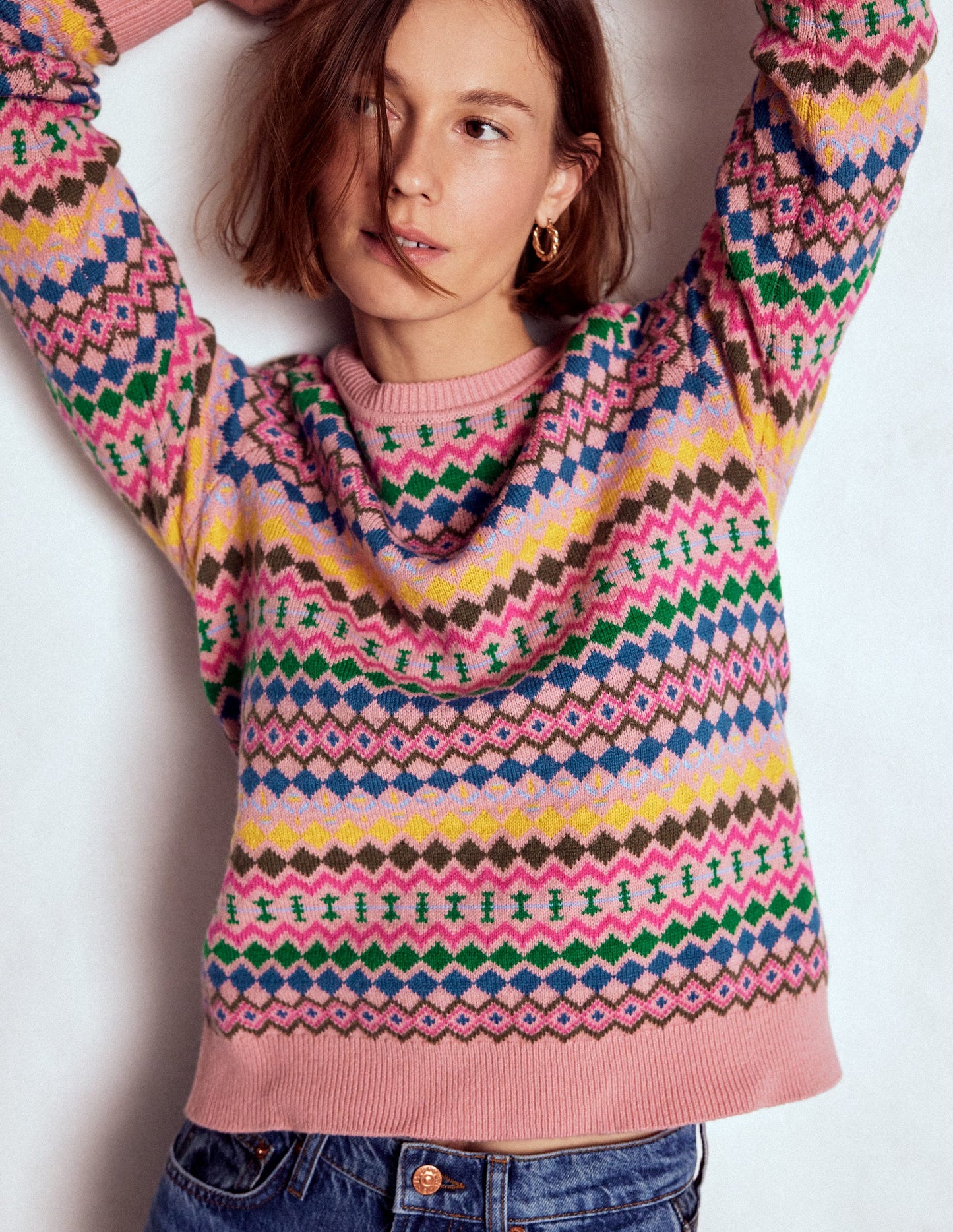 Edie Fair-Isle-Pullover-Rosa, Geo Fair Isle