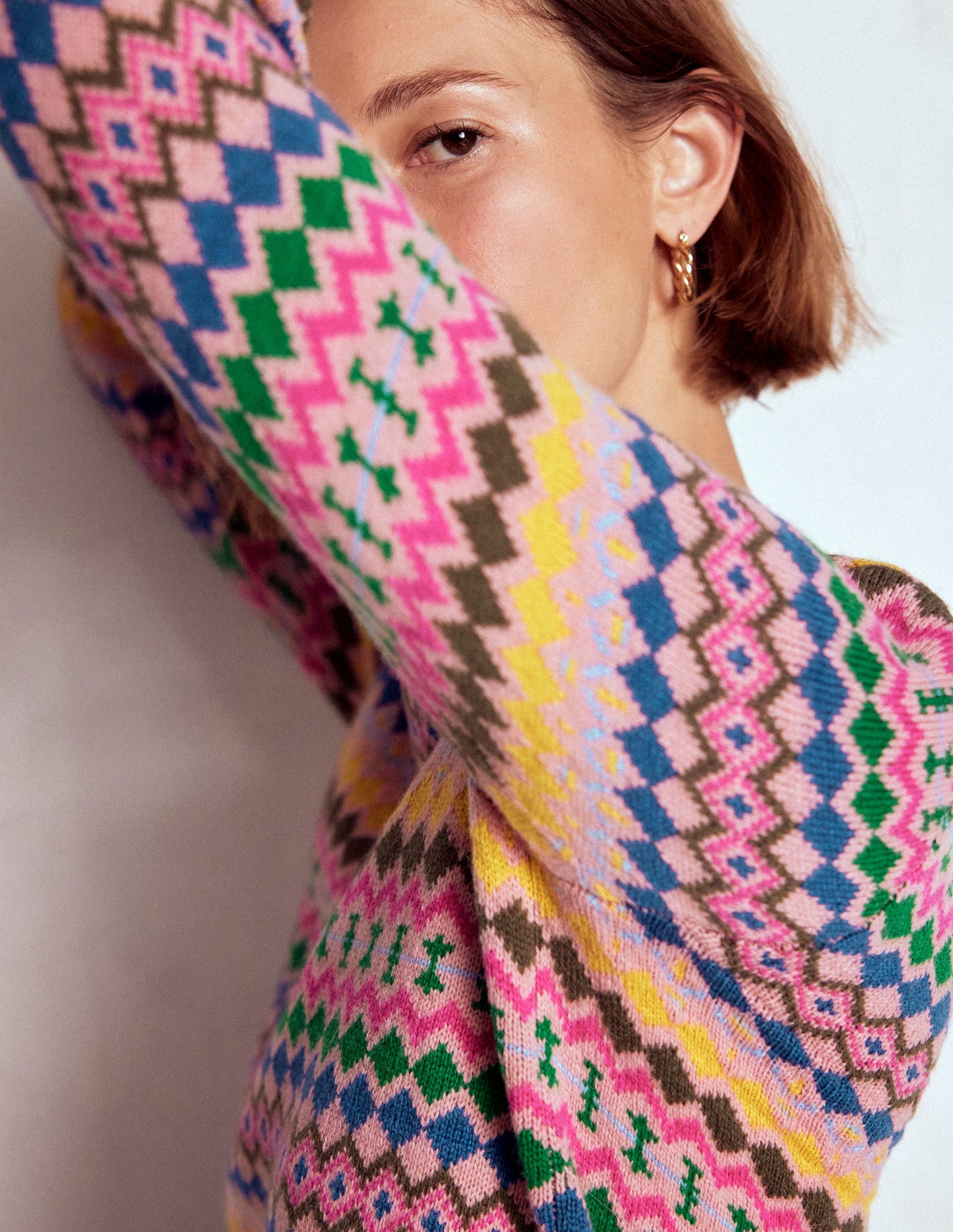 Edie Fair-Isle-Pullover-Rosa, Geo Fair Isle