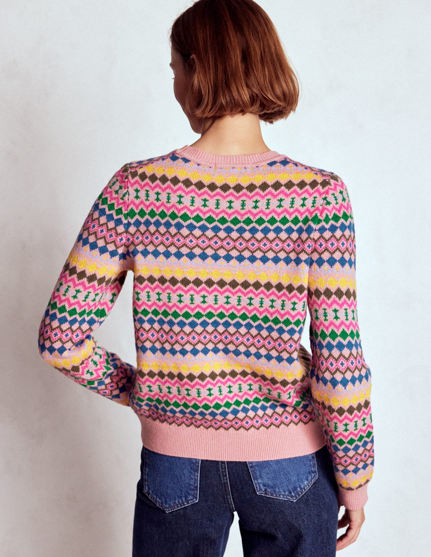 Edie Fair-Isle-Pullover-Rosa, Geo Fair Isle
