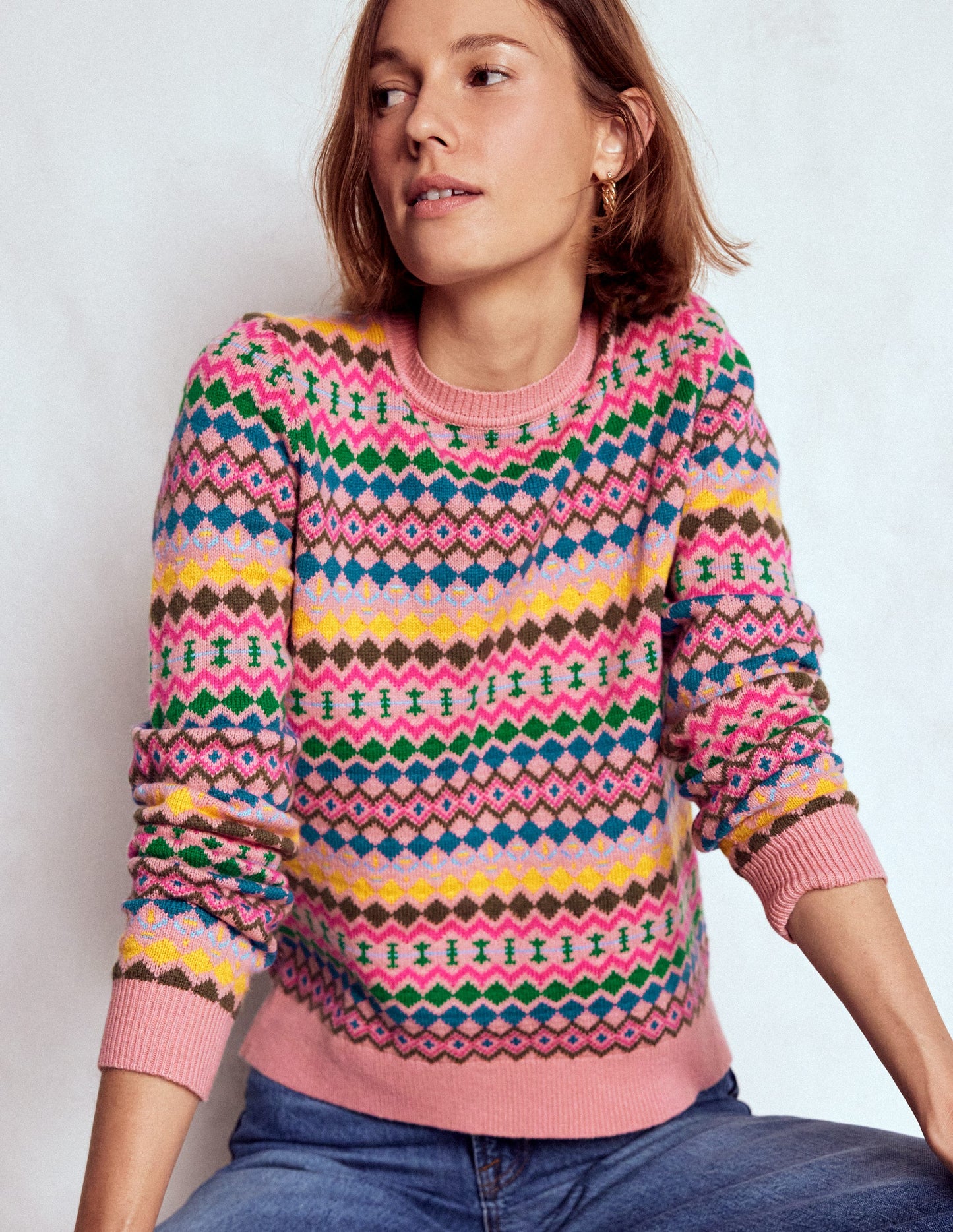 Edie Fair-Isle-Pullover-Rosa, Geo Fair Isle