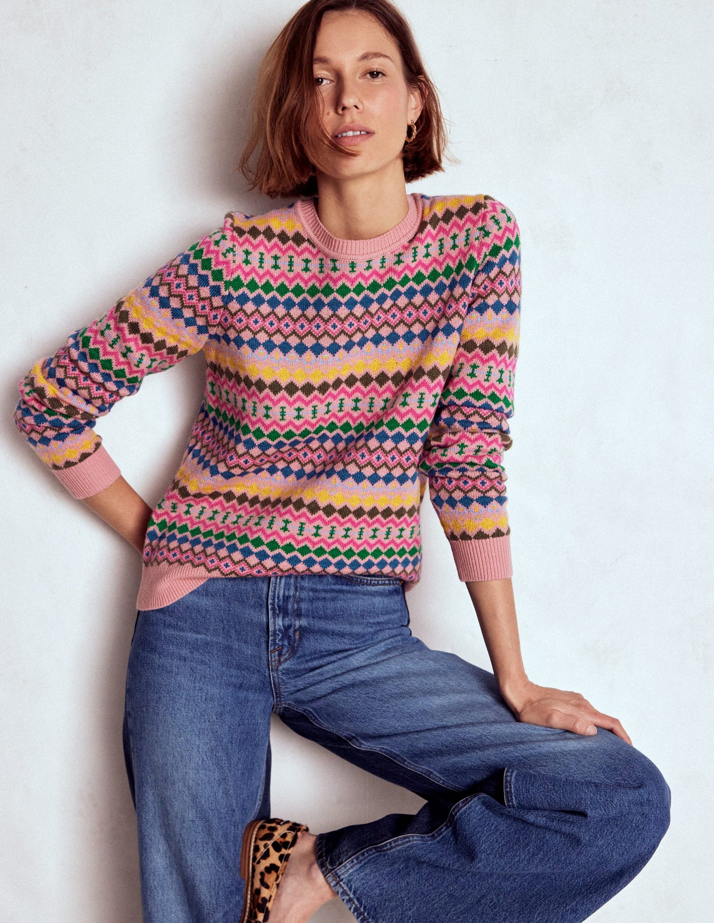 Edie Fair-Isle-Pullover-Rosa, Geo Fair Isle