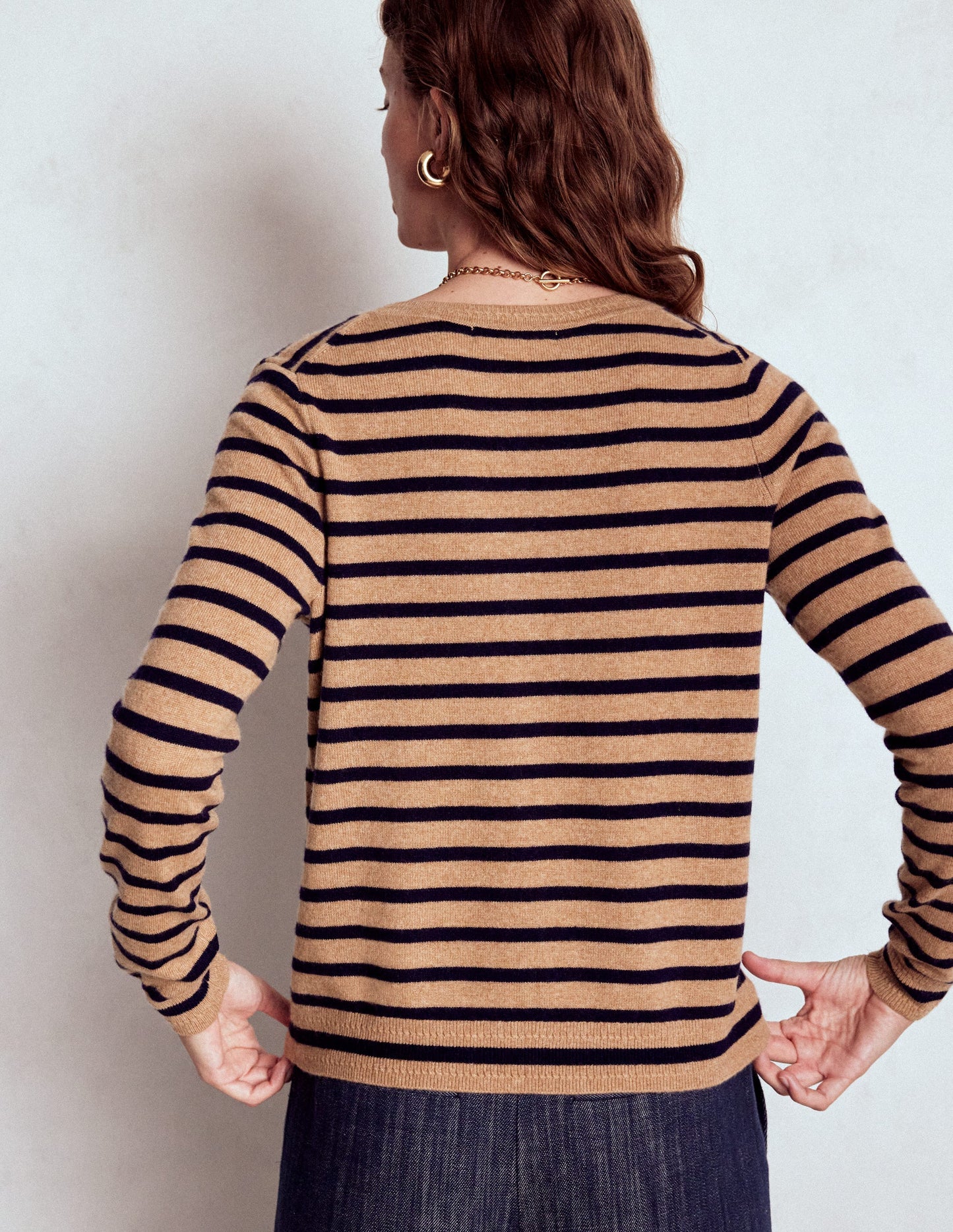 Cardigan Eva en cachemire-Rayé camel chiné/bleu marine