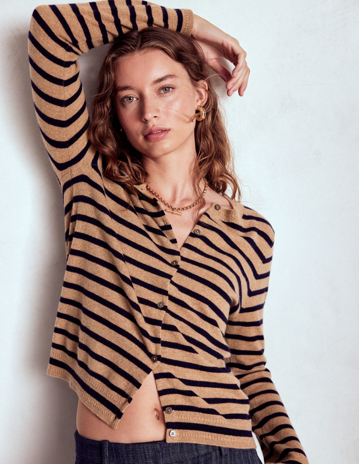 Cardigan Eva en cachemire-Rayé camel chiné/bleu marine