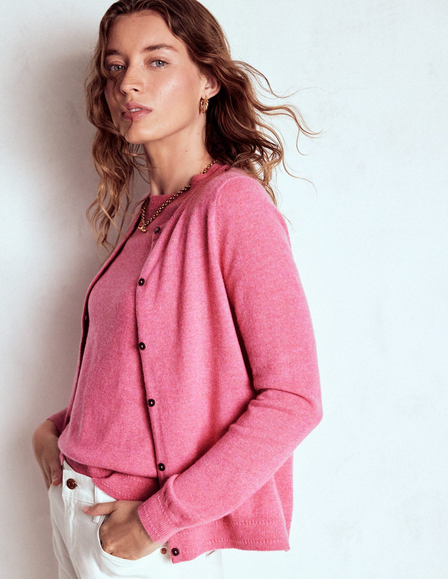 Eva Kaschmir-Strickjacke mit Rundhalsausschnitt-Rosenrosa Melange