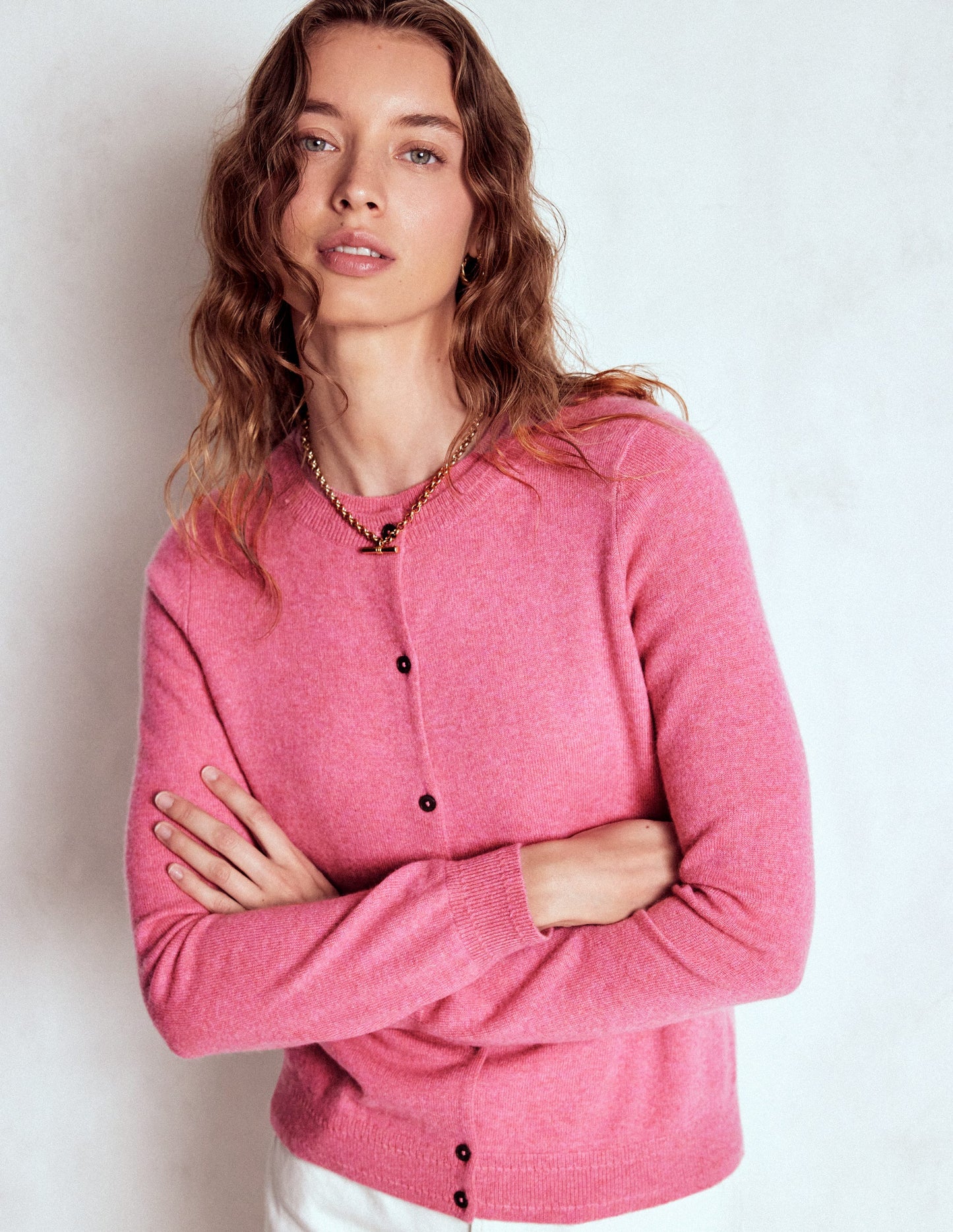 Eva Kaschmir-Strickjacke mit Rundhalsausschnitt-Rosenrosa Melange