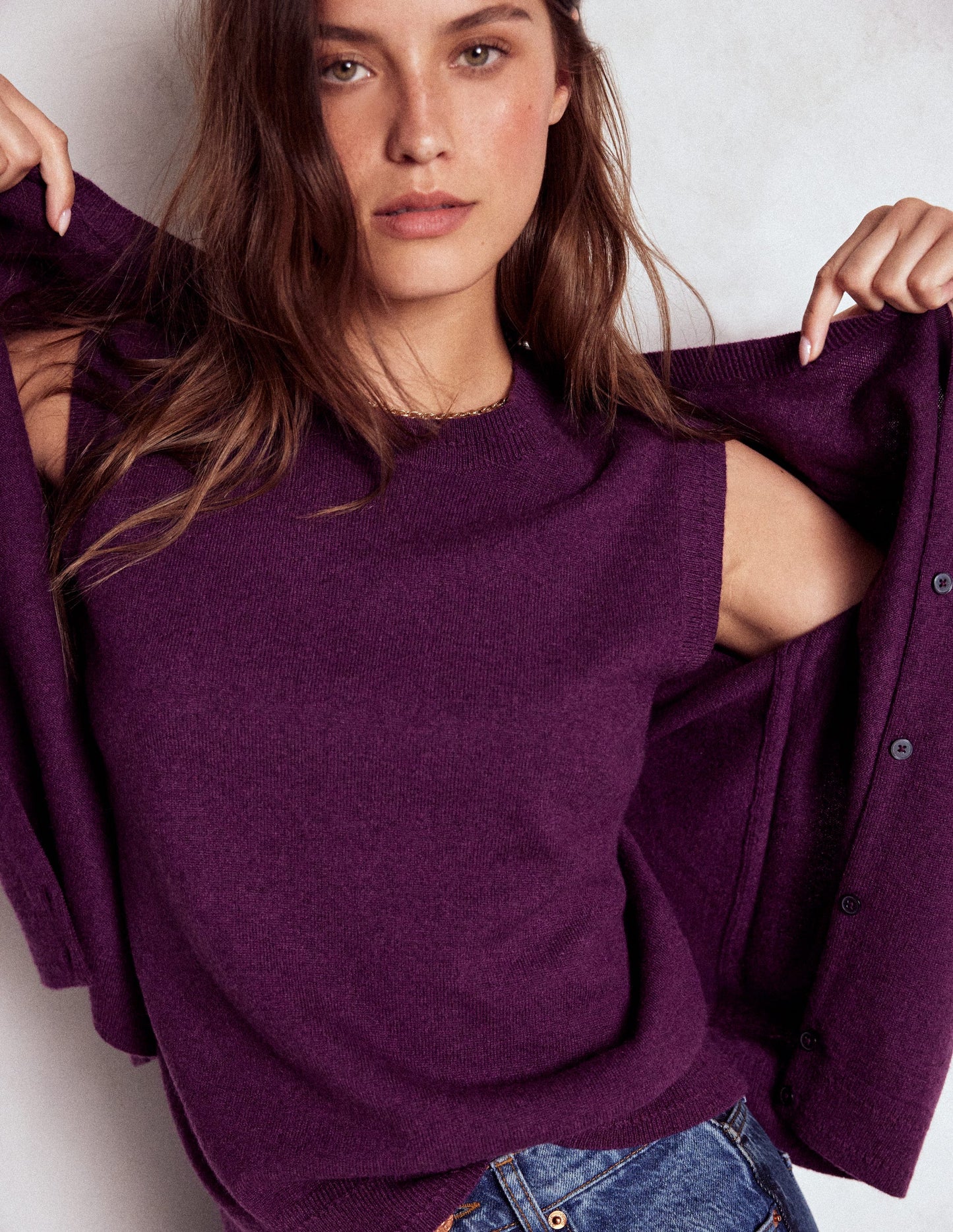 Eva Kaschmir-Strickjacke mit Rundhalsausschnitt-Pflaume Melange