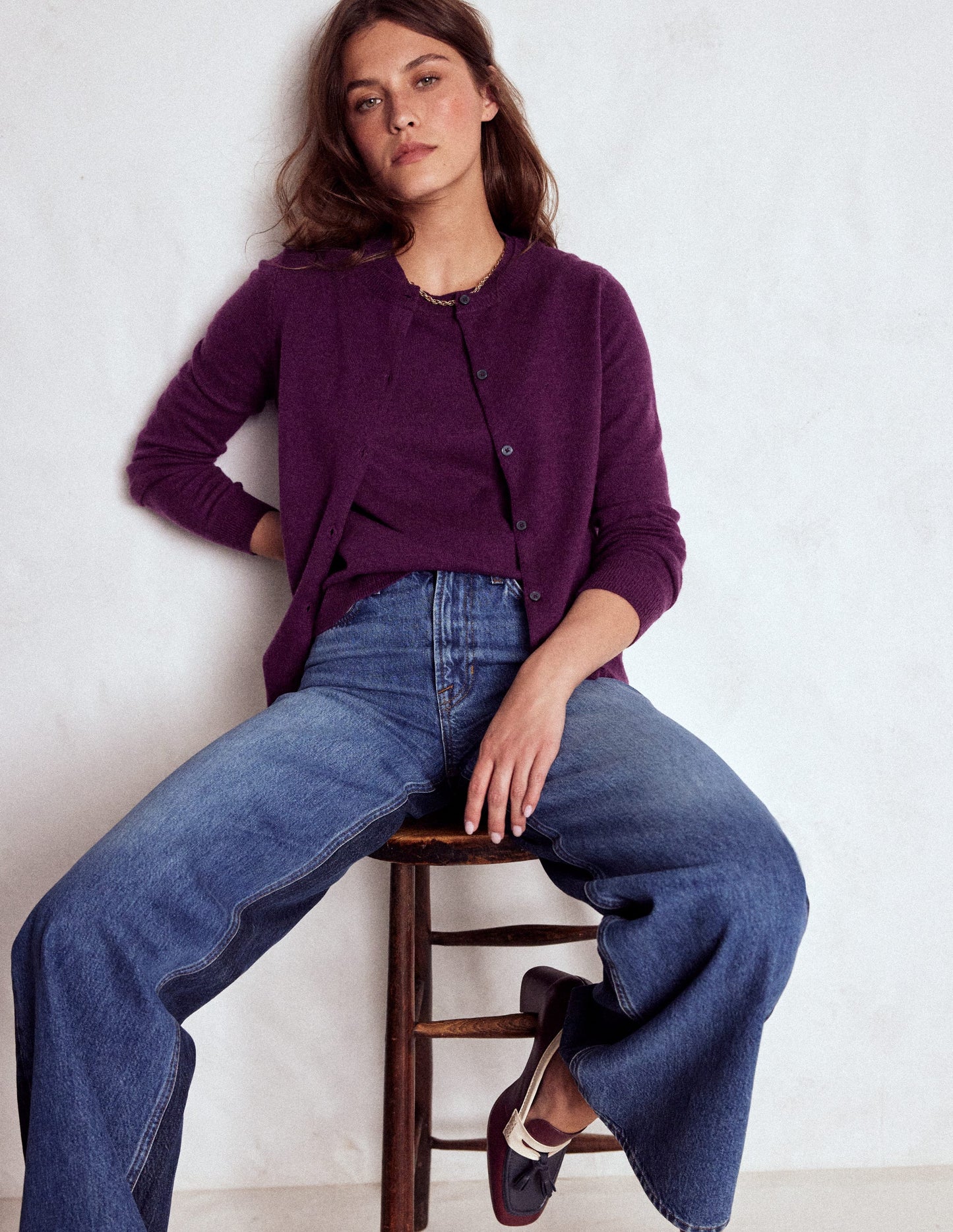 Eva Kaschmir-Strickjacke mit Rundhalsausschnitt-Pflaume Melange