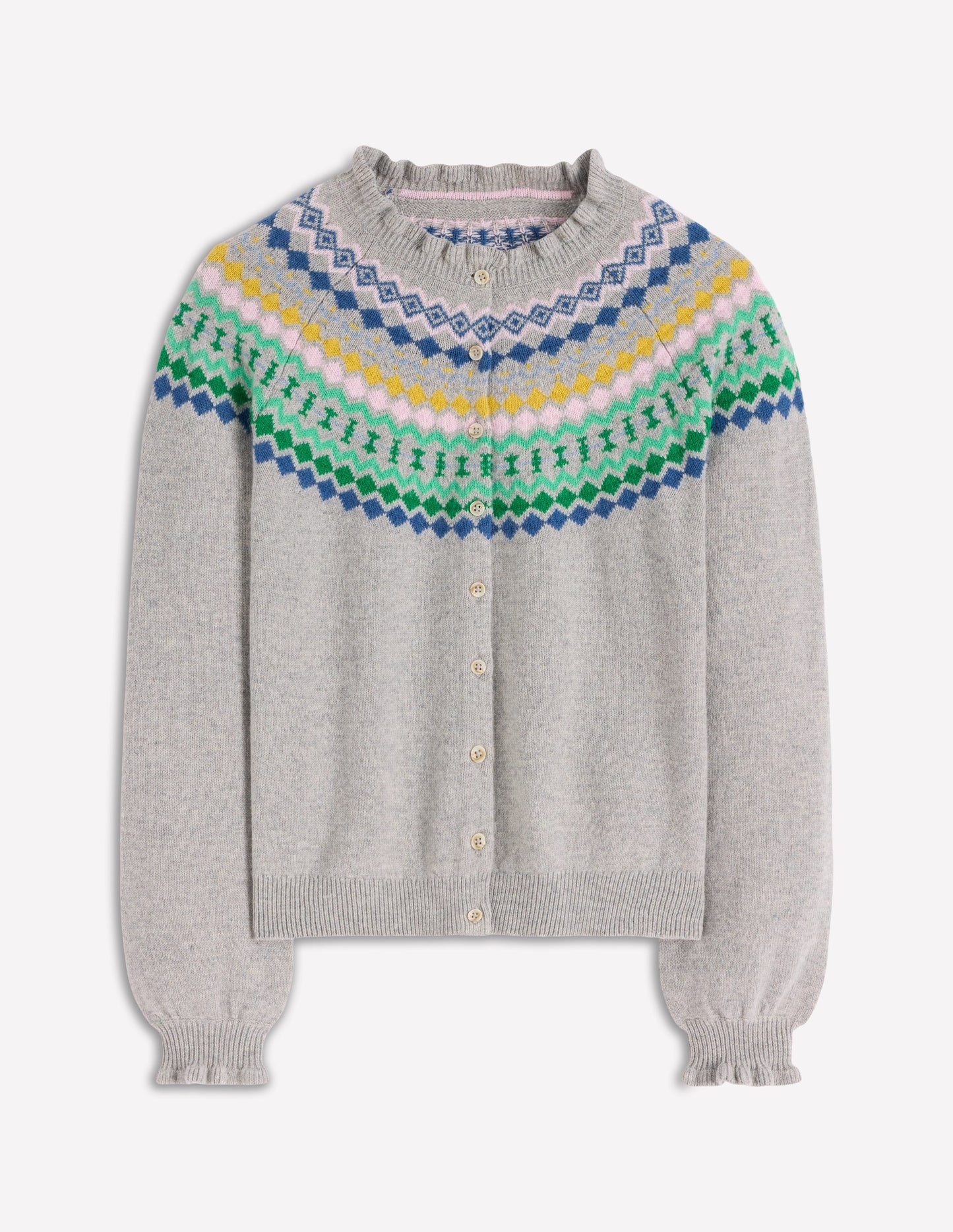 Fae Fair-Isle-Cardigan mit Rüschen-Blaugrau Meliert