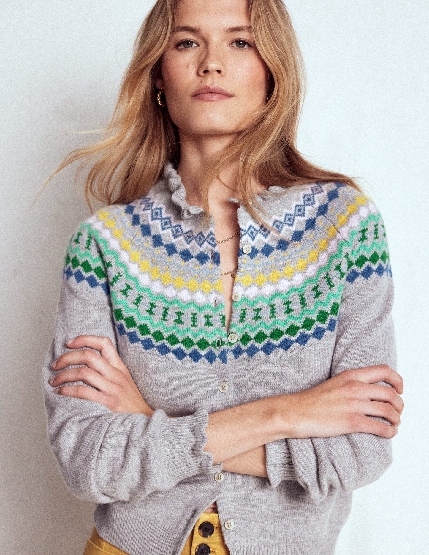 Fae Fair-Isle-Cardigan mit Rüschen-Blaugrau Meliert