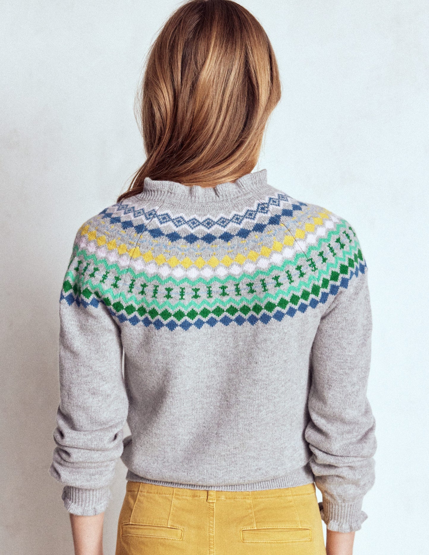 Fae Fair-Isle-Cardigan mit Rüschen-Blaugrau Meliert