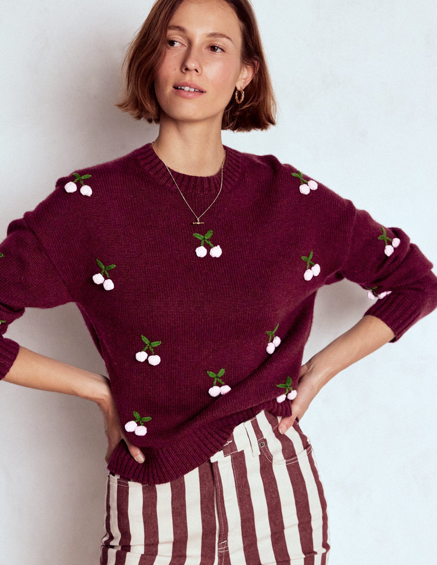 Pull Natalie brodé-Châtaigne chiné, cerise