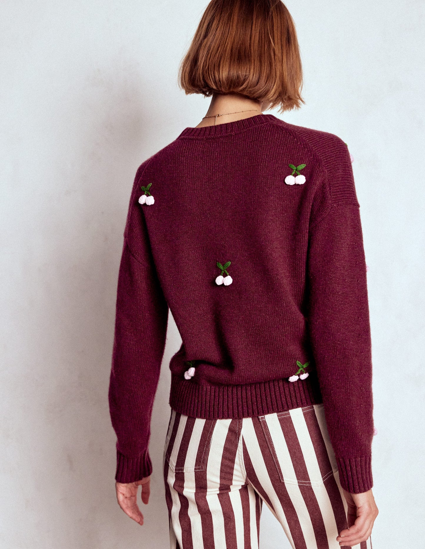 Pull Natalie brodé-Châtaigne chiné, cerise