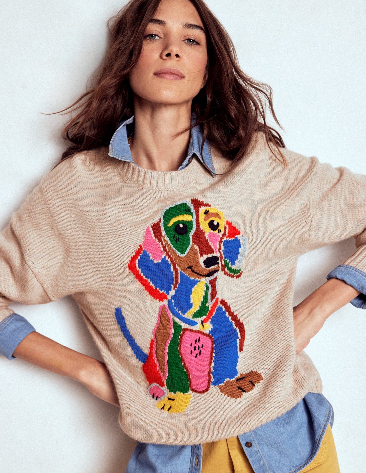 Pull Natalie brodé-Avoine chiné, teckel