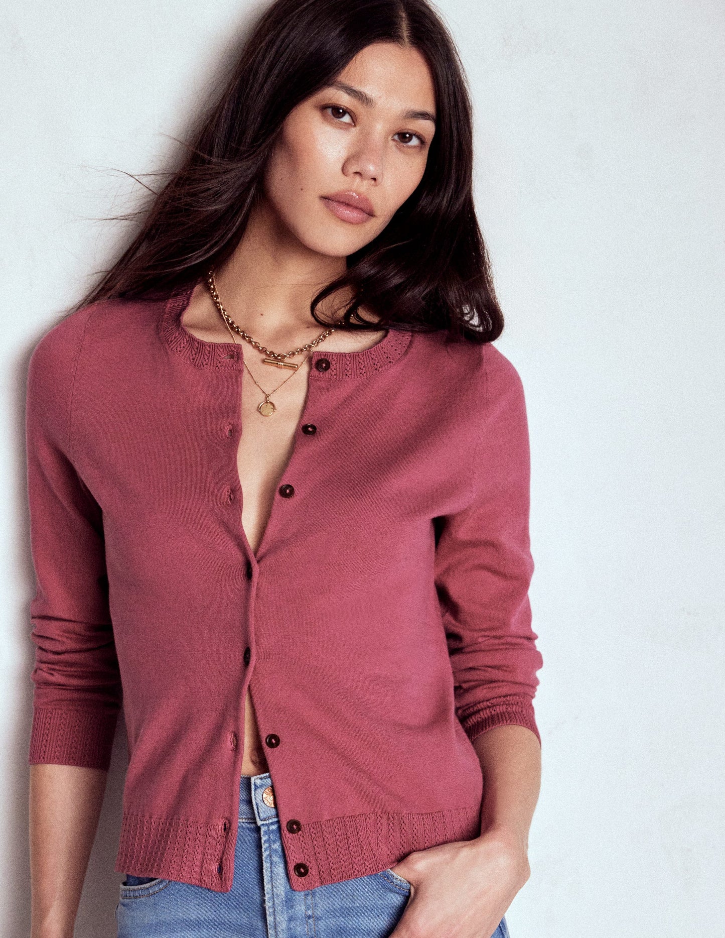 Emilia Baumwollstrickjacke mit Rundhalsausschnitt-Rosa Heide