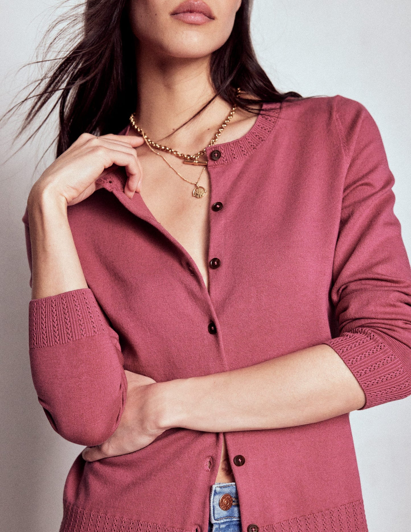 Emilia Baumwollstrickjacke mit Rundhalsausschnitt-Rosa Heide