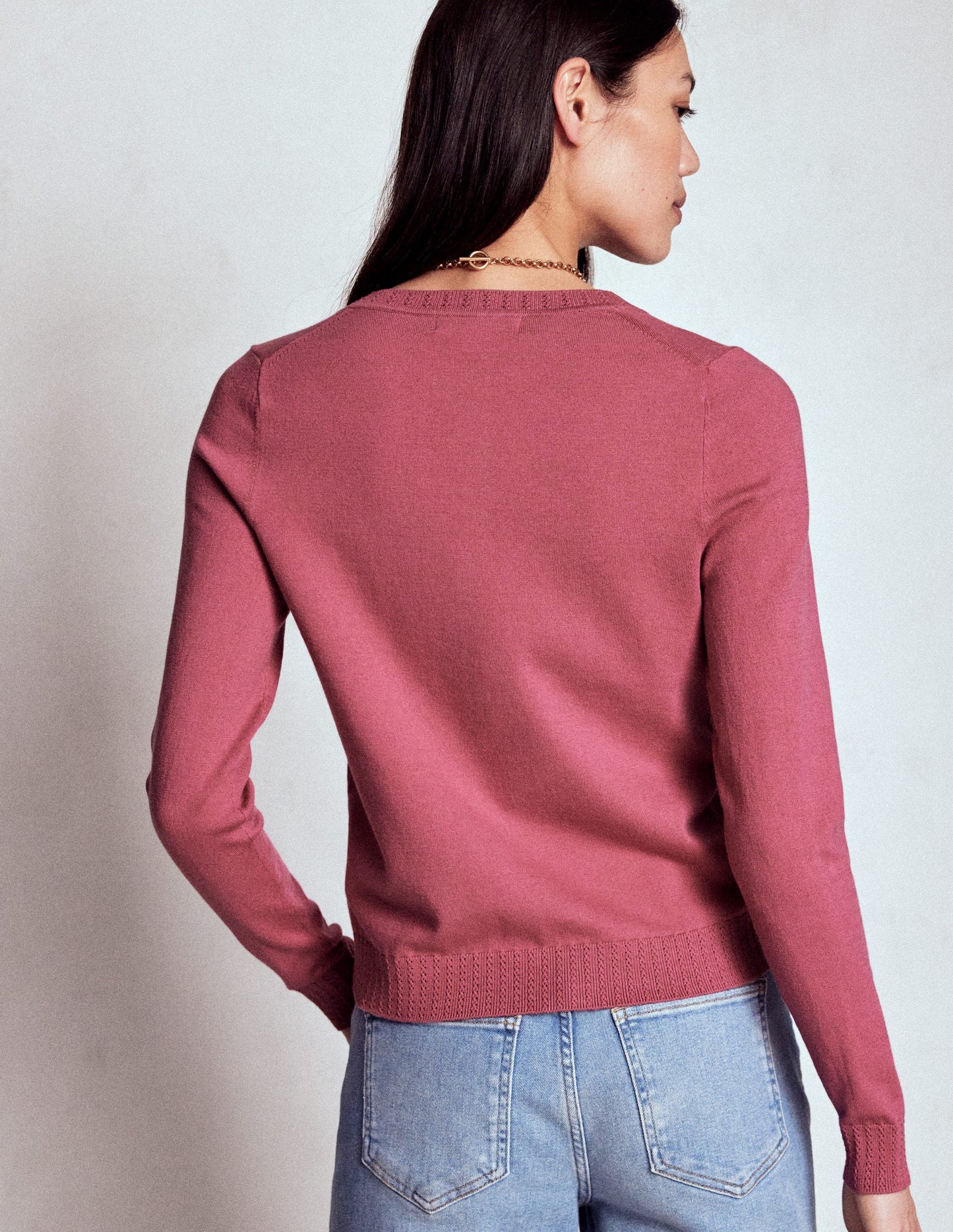 Emilia Baumwollstrickjacke mit Rundhalsausschnitt-Rosa Heide