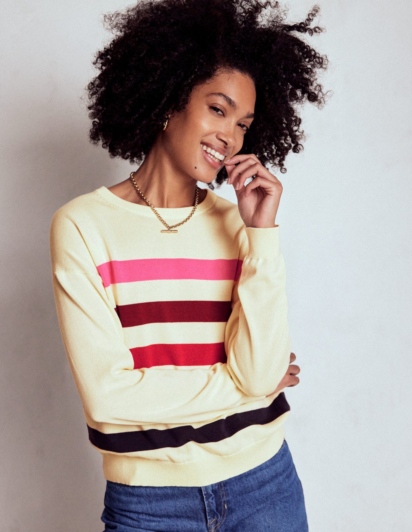 Lara Lockerer Baumwollpullover-Naturweiß, Bunt Streifen