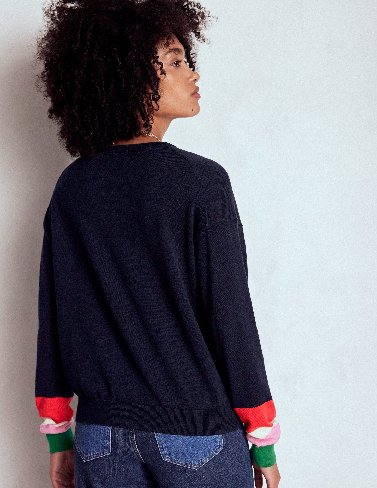 Lara Lockerer Baumwollpullover-Marineblau Gestreifte Manschetten